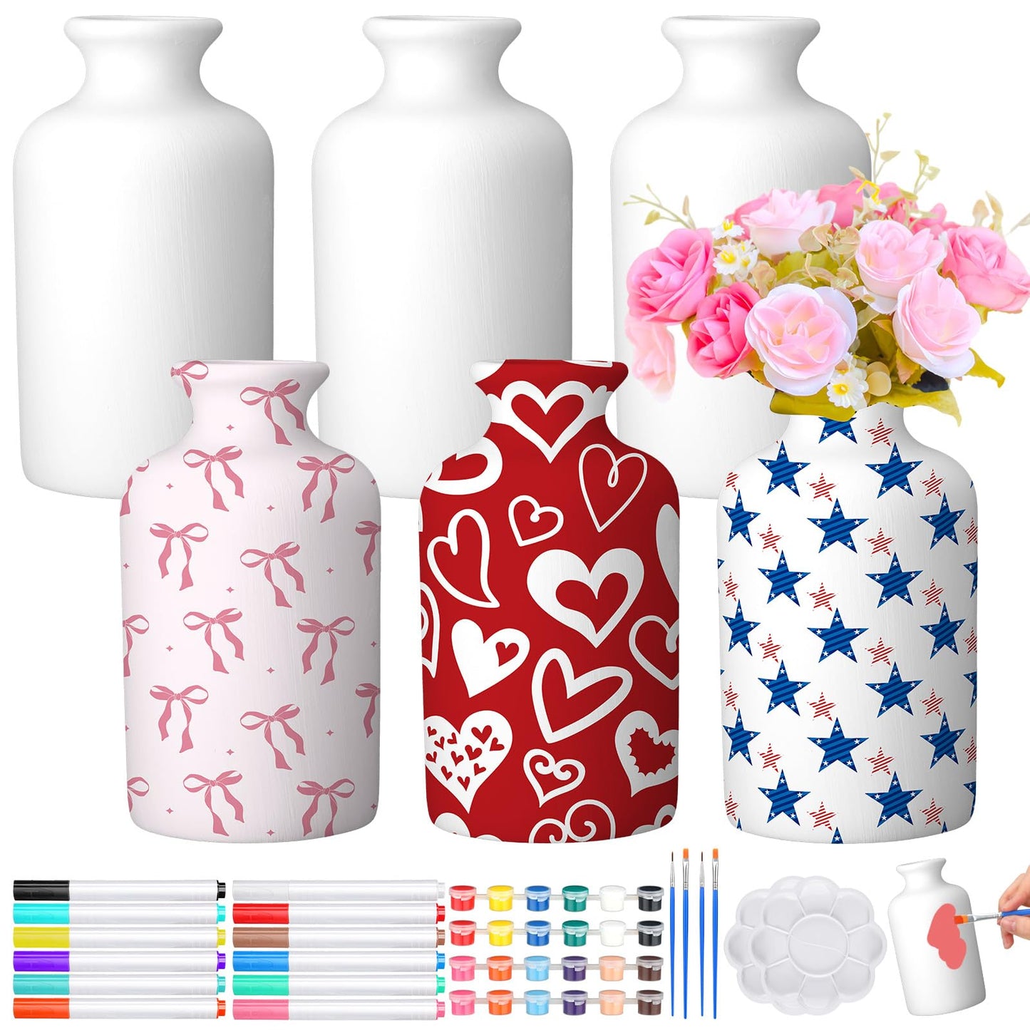 Singhoow 6 Set Paint Your Own Porcelain Vases Paint Vase Project White Ceramic Vases Painting Kit for Adults Porcelain Vase Decorating Kit with Art Supplies DIY Craft(Bright)