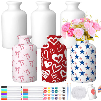 Singhoow 6 Set Paint Your Own Porcelain Vases Paint Vase Project White Ceramic Vases Painting Kit for Adults Porcelain Vase Decorating Kit with Art Supplies DIY Craft(Bright)