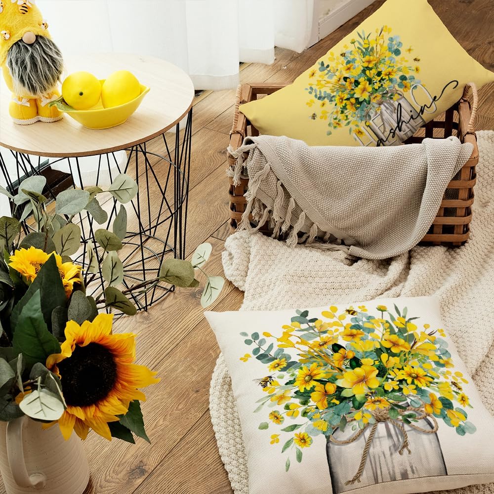 AACORS Summer Pillow Cover 18x18 Inch Eucalyptus Flowers Decor Vase Bee Farmhouse Seasonal Pillow Case Decorations for Home Sofa Couch AA509-18