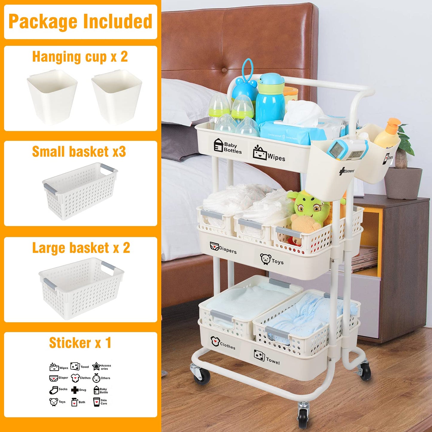 Baby Diaper Caddy Organizer Cart, 3-Tier Sturdy Movable Rolling Cart with Baskets and Hanging Cups, Large Capacity Newborn Nursery Essentials Diaper Storage for Changing Table & Crib, Easy to Assemble