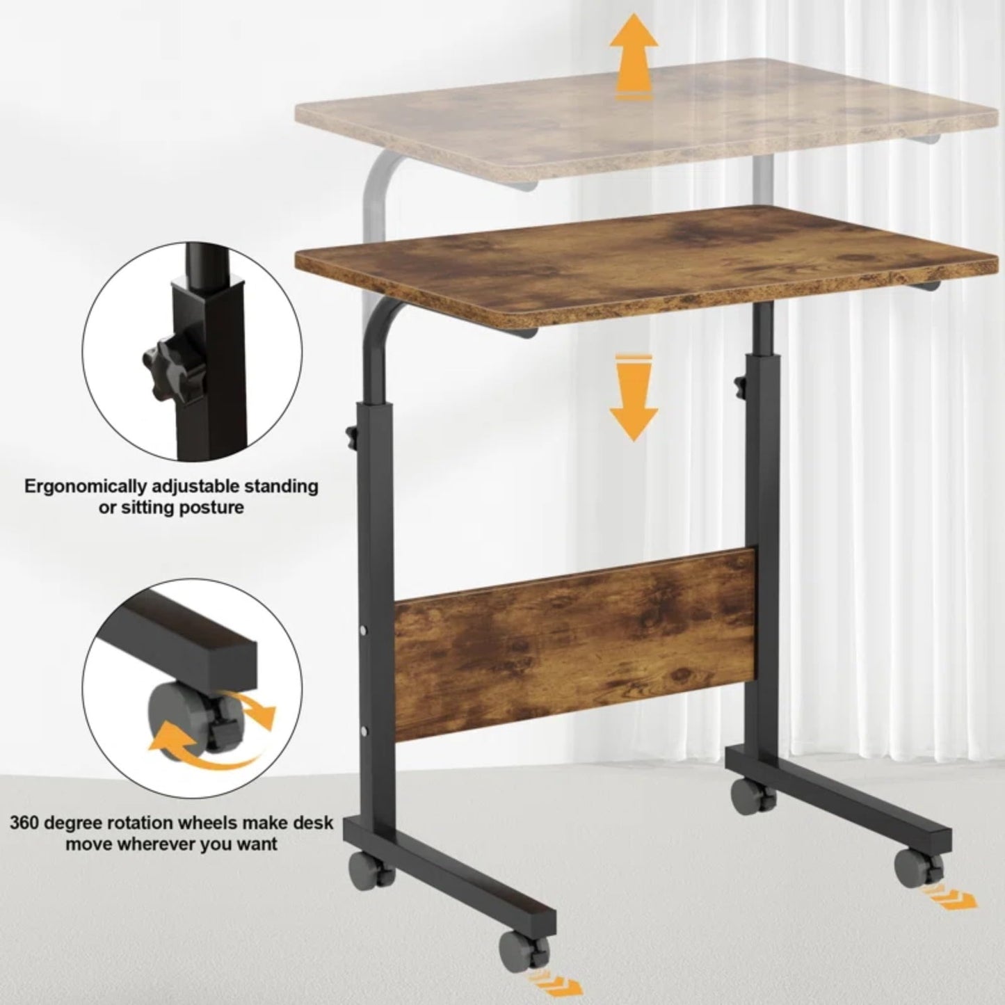 Tinymod Adjustable Mobile C-Shaped Table, 23.6-Inch Portable Laptop Desk with Wheels, Side Table for Bed, Couch, or Office, Rustic Brown