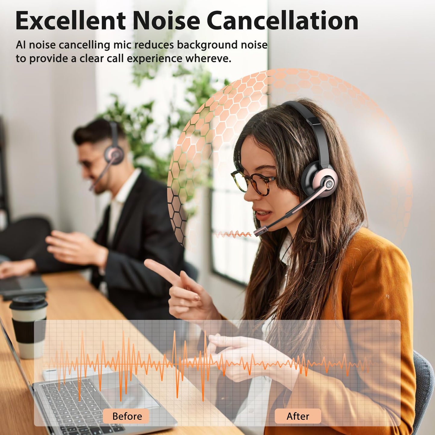 Wireless Headset with Mic for Work, Bluetooth Headset with Microphone Noise Cancelling & Mic Mute, Wireless Headphones with USB Dongle & Charging Base for Work/ Home/Computer/Call Center/Office/Zoom