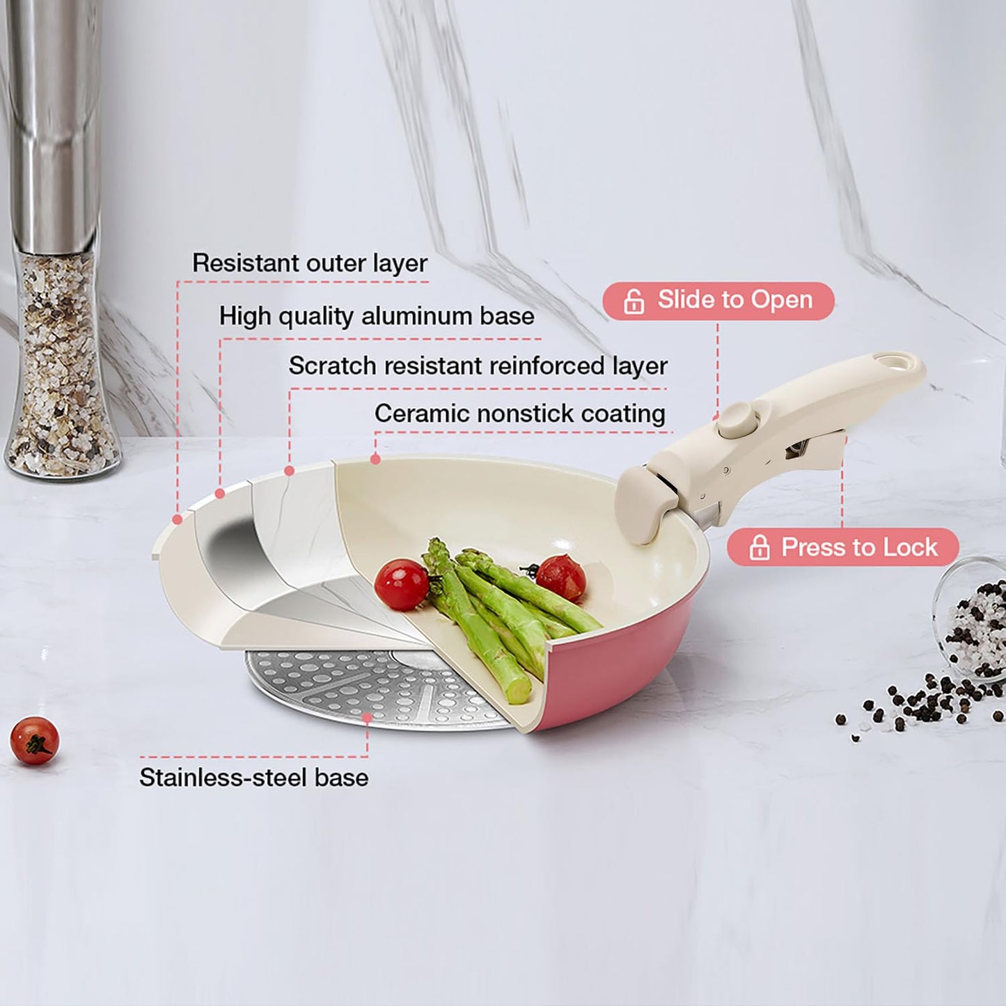 Ceramic Pots and Pans Set Non Stick, 7 Pcs Nonstick Cookware Set with Detachable Handle RV Camping Induction Kitchen Cookware Set Non Stick, PFAS PFOA & PTFE Free