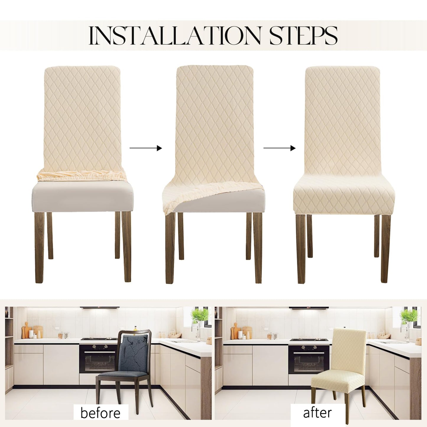 MOSAYT 100% Waterproof Dining Room Chair Covers Set of 4, Super Fit Stretch Jacquard Parson Chairs Slipcovers Removable Washable Chair Seat Protectors for Home, Kitchen, Banquet (Beige)