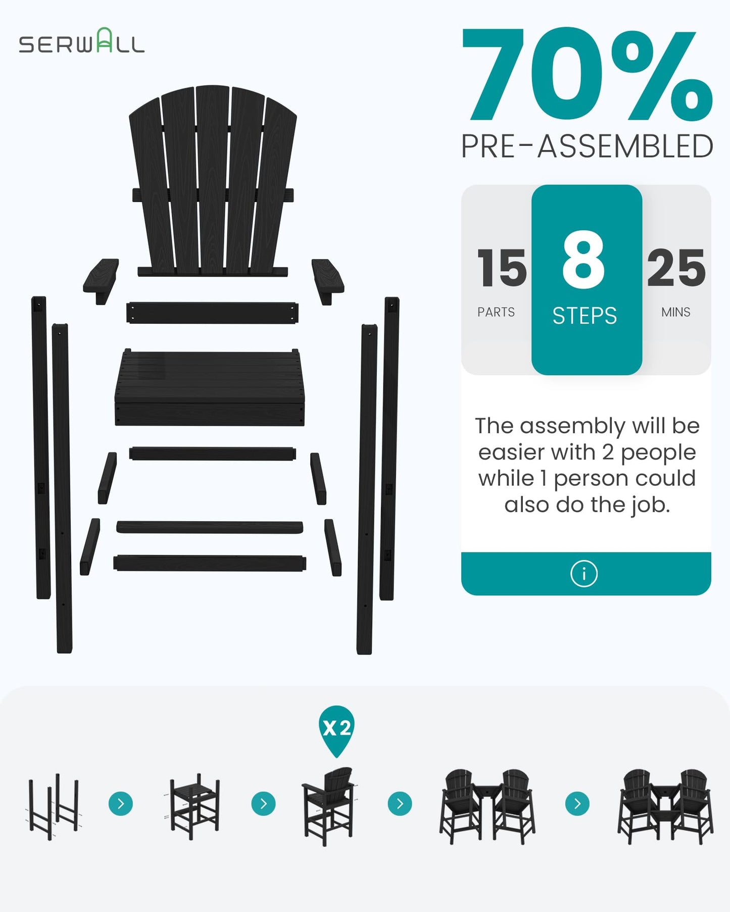 SERWALL Tall Adirondack Chairs Set of 4 with Double Layer Connecting Tray, HDPE Bar Height Outdoor Chairs, Wood-Like Adirondack Bar Stools for Patio, Balcony, Porch, Black