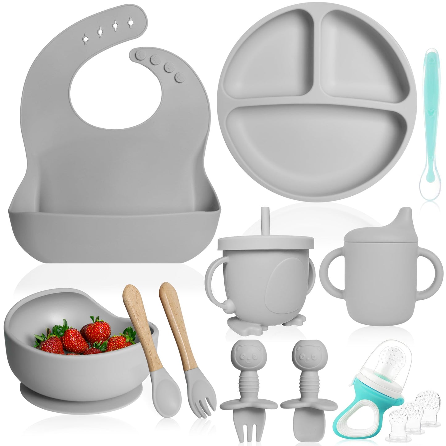 Bluet B- Silicone Baby Feeding Set with Pacifier - Baby Led Weaning Supplies - Baby Spoons, Suction Bowl - Plate - Baby Utensils Set - Silicone Feeding Set for Baby First Foods - 11pcs - Gray