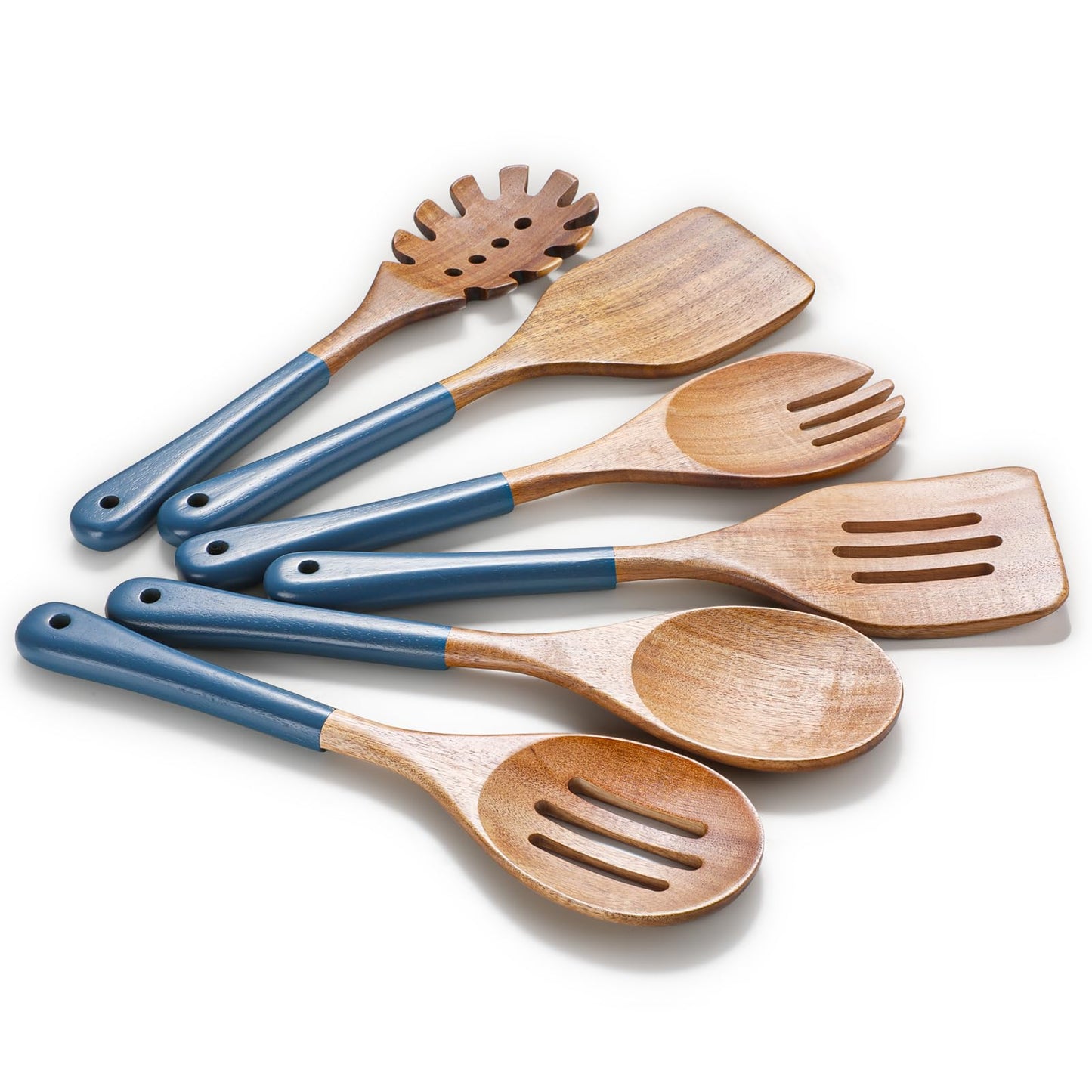 ROSOS Wooden Spoons For Cooking, 6 PCS Natural Acacia Wooden Cooking Utensils, Non-Stick Wood Kitchen Utensil Set for Kitchen Essentials, Smooth Grip Wood Cooking Spoons with Hanging Hole, Blue