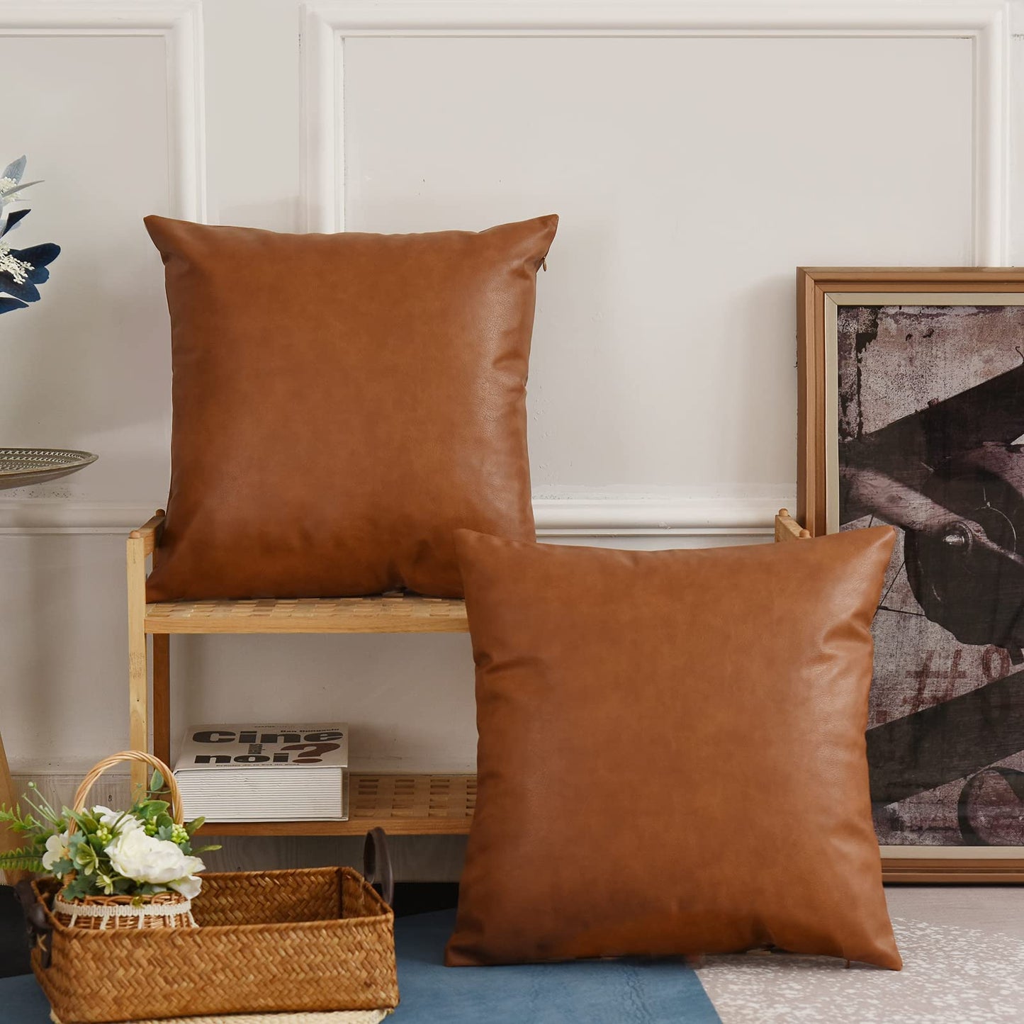 Tosewever Faux Leather Throw Pillow Covers, 16 x 16 inch Set of 2 Luxury Cognac Brown Modern Pillowcases Solid Decorative Square Cushion Cases for Bedroom Living Room Couch Bed Sofa (Brown, 16" x 16")