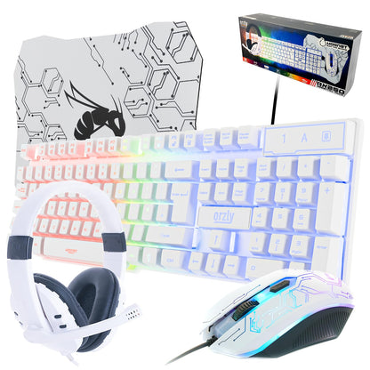 Gaming Keyboard and Mouse and Gaming Headset & Mouse Pad, Wired LED RGB Backlight Bundle for PC Gamers Users - 4 in 1 White Edition Hornet RX-250