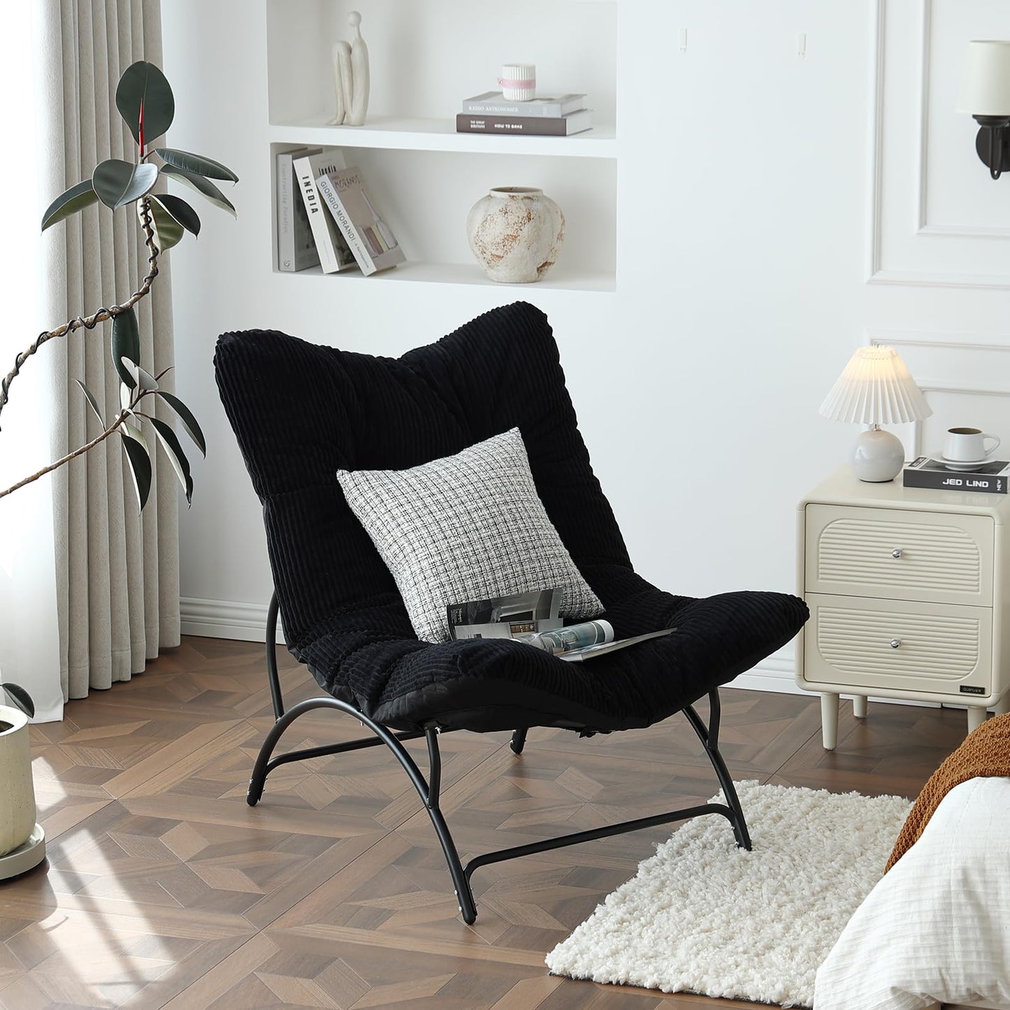 Welnow Accent Lounge Lazy Chair, Comfy Soft Leisure Metal Frame Reading Chair, Upholstered Thick Cushion Seated Recliner Sofa for Living Room, Bedroom, Dorm, Black