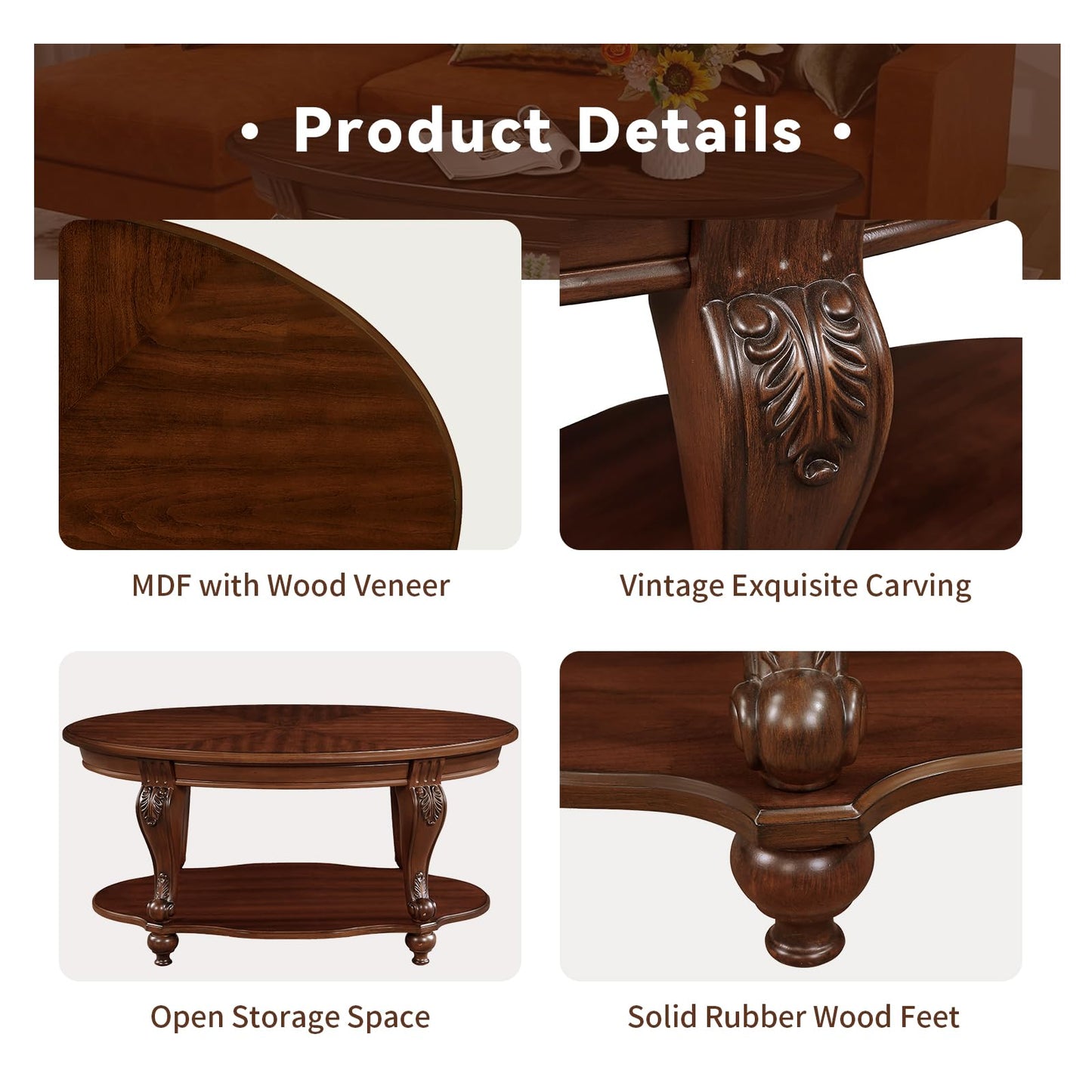 LKTART Oval Wood Coffee Tables for Living Room, Vintage Round Coffee Table with Carved Wood Legs, Tradition Elegant Coffee Table (Cherry, 42 Inch)