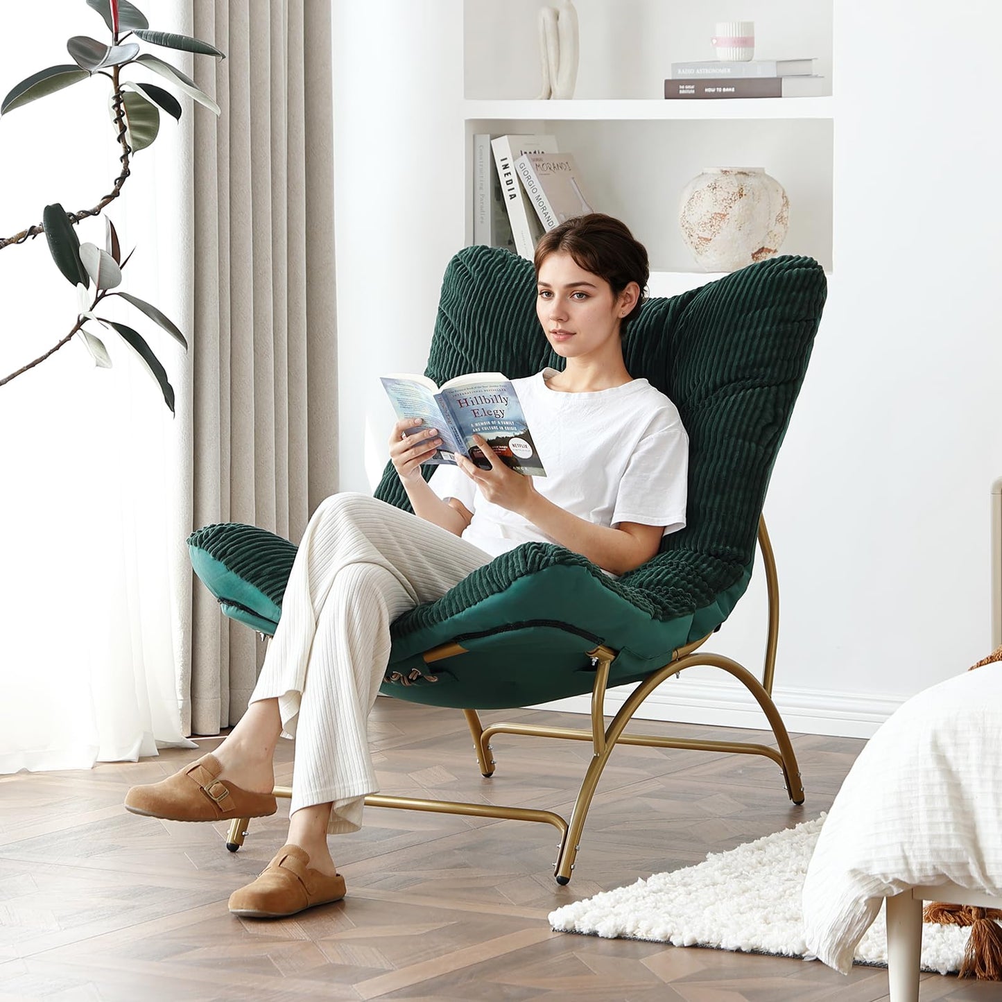 Welnow Accent Lounge Lazy Chair, Comfy Soft Leisure Metal Frame Reading Chair, Upholstered Thick Cushion Seated Recliner Sofa for Living Room, Bedroom, Dorm, Dark Green