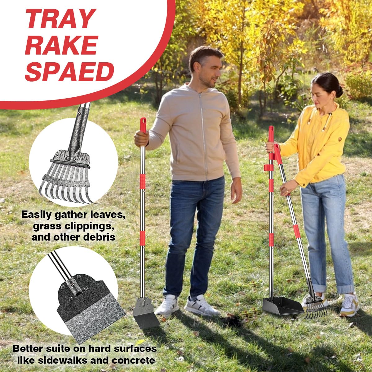 FUSBUNTY Pooper Scooper, Long Handle Dog Pooper Scooper, Heavy Duty Stainless Steel Rake with Tray & Spade Set for Pet Waste Removal, for Grass, Dirt or Gravel