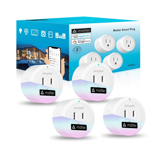 Amysen Matter Smart Plug, 4Pack (WHITE), Compatible with Alexa, Apple Home, Siri, Google Home, SmartThings, 10A/1250W Max, 2.4G Wi-Fi Only
