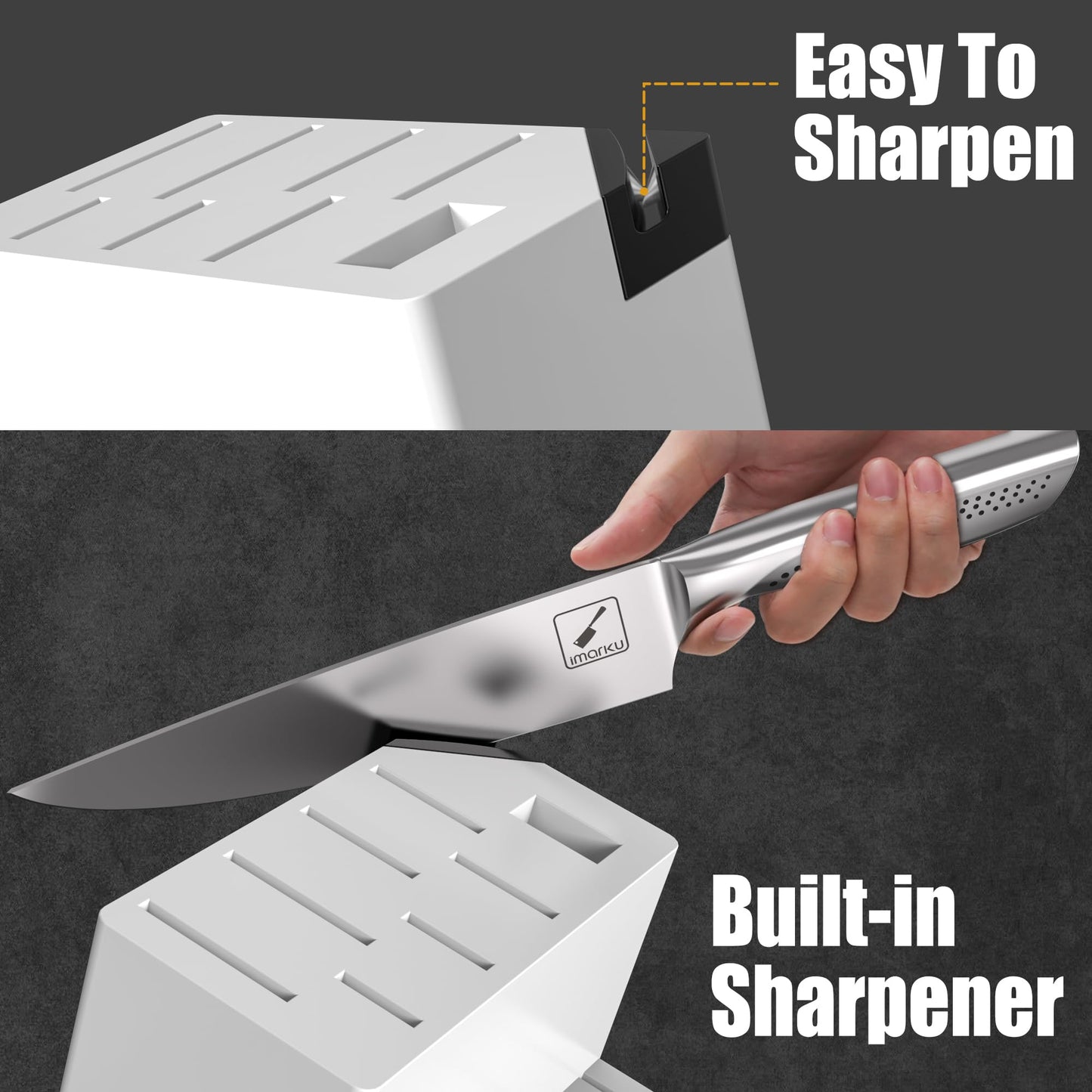 imarku Knife Set, Japanese HC Stainless Steel 15 PCS Kitchen Knife Set With Block With Built-in Sharpener, Razor-Sharp Blade Knife Block Set With Dotted Ergomomic Handle, Best Birthday Gifts, White