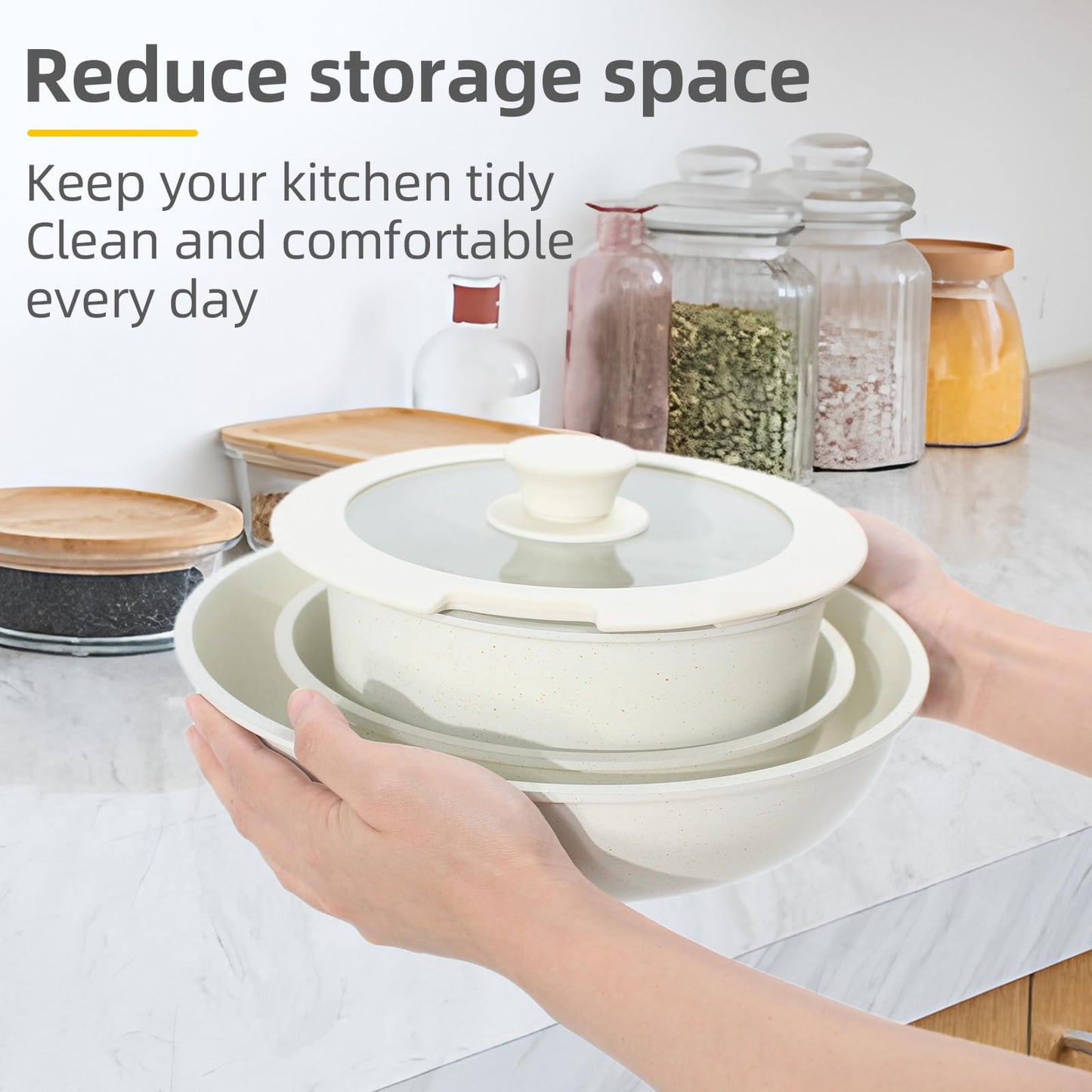 11 PCS pots and pans set, pots and pans set non stick, Removable Handles, Induction and Oven Safe Cookware Set, Dishwasher Safe, Cream