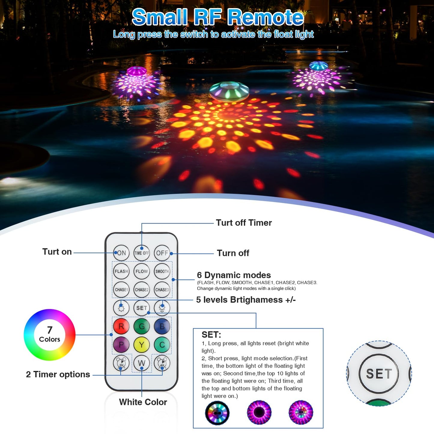 BOXPSII Rechargeable Floating Pool Lights, Pool Lights with 6 Dynamic Lighting, IP68 Waterproof Pool Light RGB Upper and Lower Color Changing LED Pool Light for Pools, Party, Fountains 1PACK
