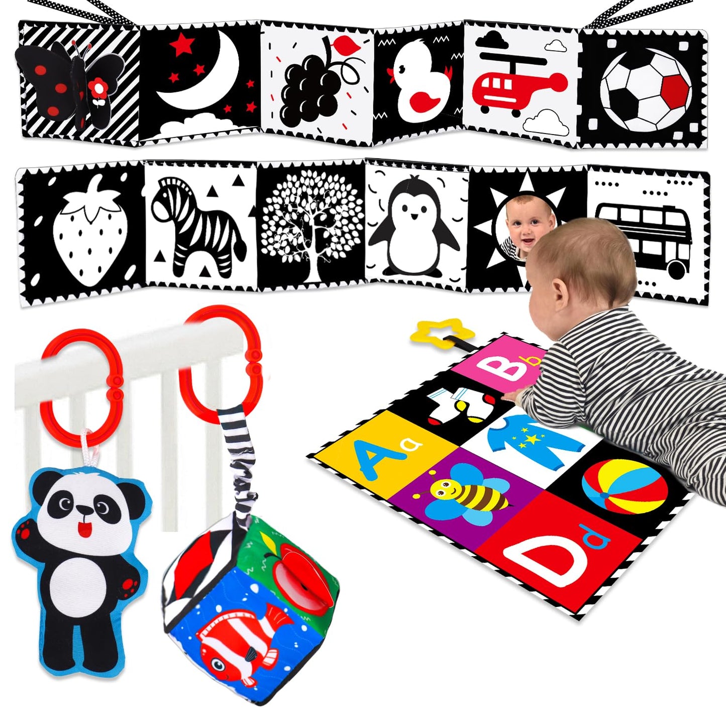 4 PCS Black and White High Contrast Baby Toys 0-3-6 Months Newborn Essential Montessori Toy for Babies Crinkle Sensory Book Brain Development Tummy Time Mirror Infant Carseat Rattle Easter Shower Gift