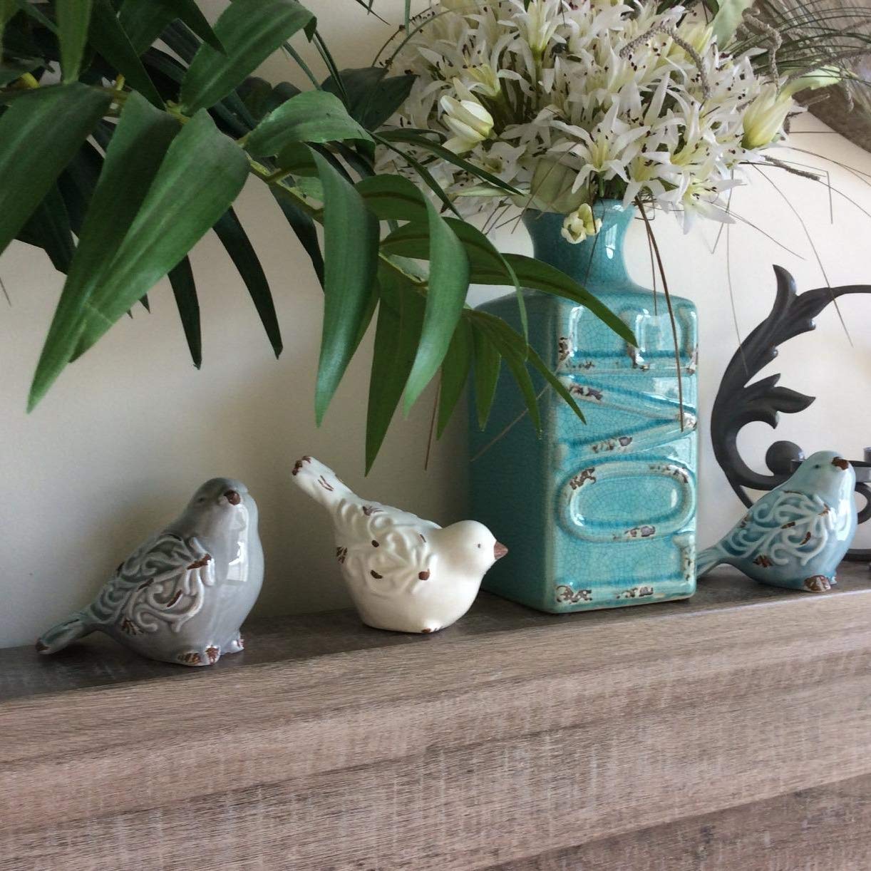 FICITI Distressed Finish Ceramic Bird Figurine Home Decor - Assorted Set of 3