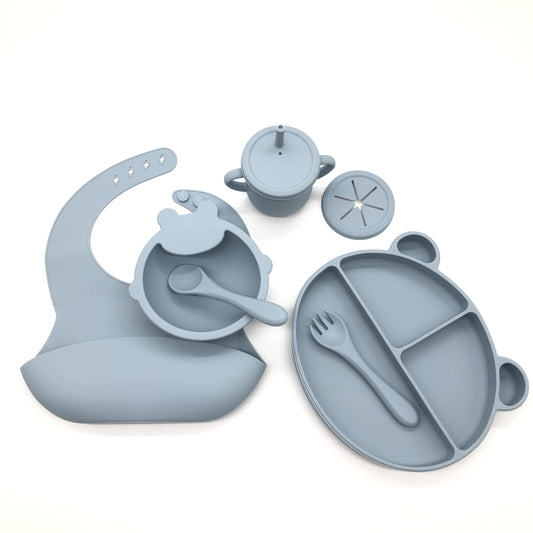 Silicone Baby Feeding Set, Toddler/Baby Feeding Set With Divided Suction Plate Bowl Spoons Forks Sippy Cup Adjustable Bib Non Slip Mat, Baby Eating Utensils, Bear Shape, 7-Piece, (Blue)