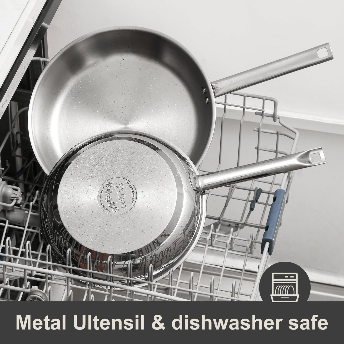 DELUXE Stainless Steel Frying Pan Set 4-Pieces, 10" and12 Skillet with Lid and Stay-Cool Handle, PFOA Free Stainless Steel Pan Suitable with Induction Gas Stoves, Dishwasher&Oven Safe