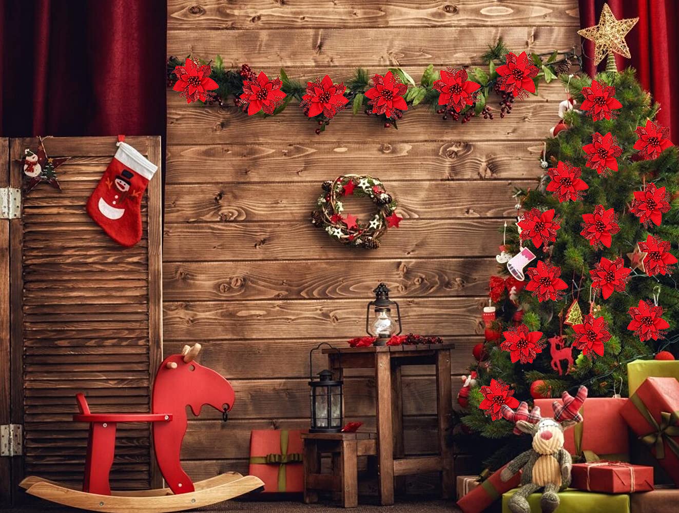 RECUTMS 10 PCS Red Glitter Poinsettia Flowers Christmas Tree Ornaments Fake Christmas Flowers Artificial Christmas Flowers Decorations Wedding Xmas Tree New Year Ornaments Wreath Decoration(Red)