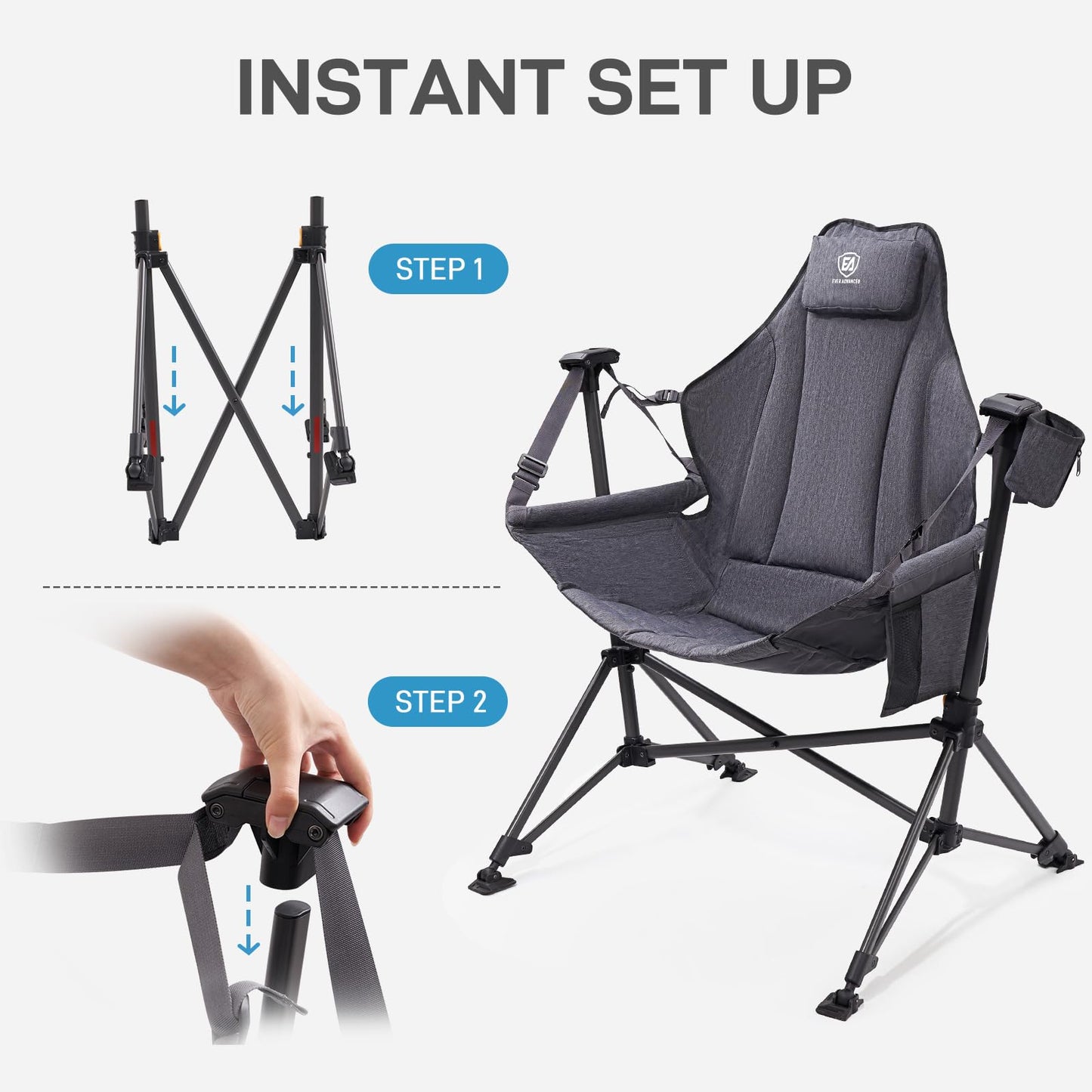 EVER ADVANCED Padded Hammock Camping Chair, Oversized Heavy Duty Swing Chair with Detachable Cup Holder, Portable Folding Rocking Camping Chair, Support Up to 400lbs, Grey