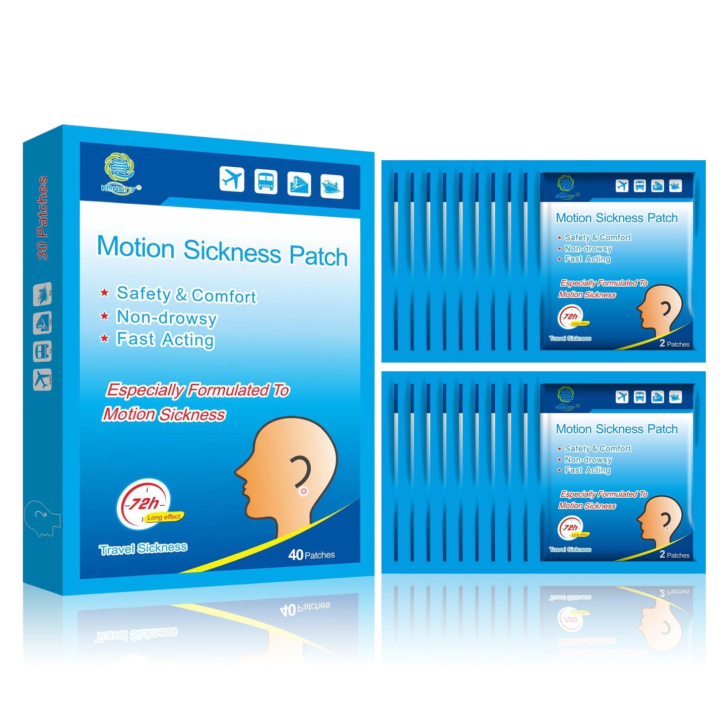 KONGDY 30 Counts Motion Sickness Patches for Boat Rides, Car Trips, Airplane Travel, Cruise Ship and Other Forms of Transport, Non Drowsy, Travel Essentials for Adults and Kids