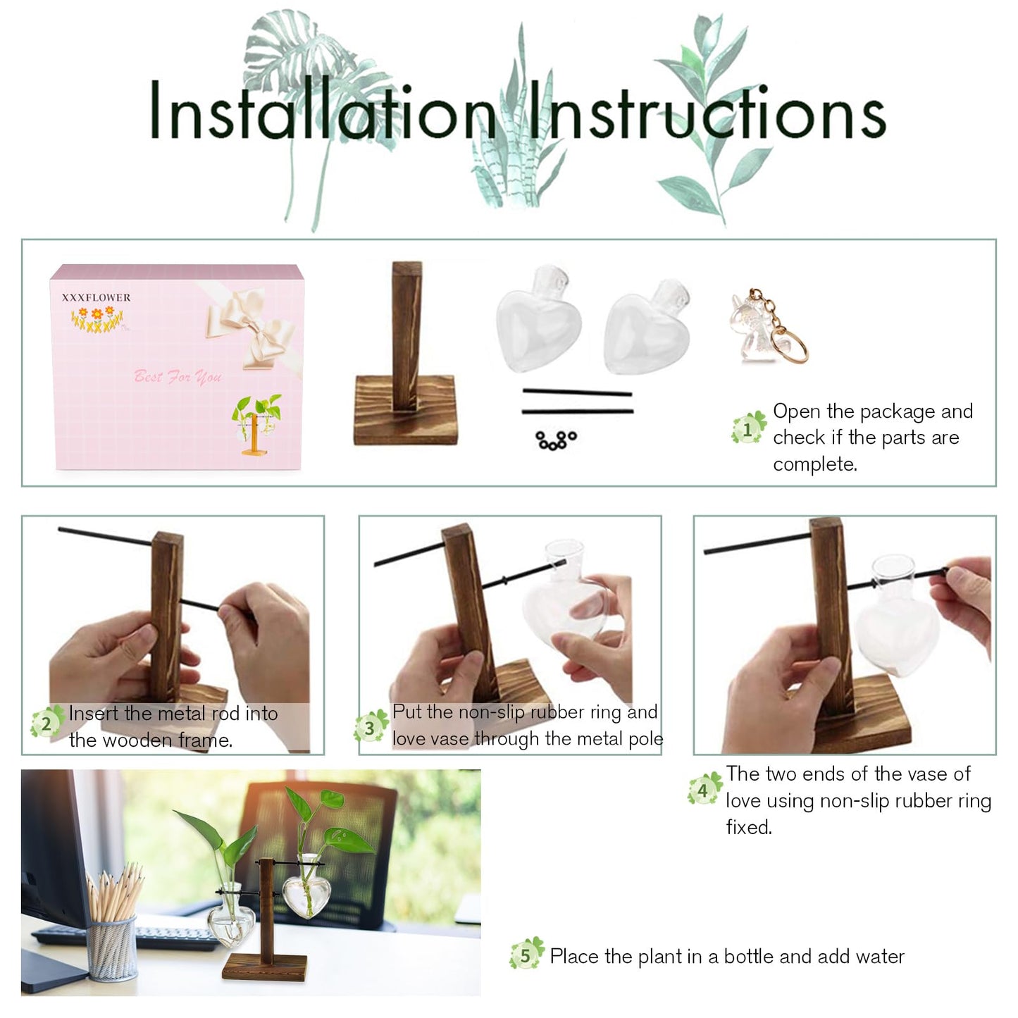 XXXFLOWER Plant Terrarium Wooden Stand, Hydroponic Planter Bulb Glass Metal Swivel Holder Retro Air Plants Water Plants for Home Office Decoration, Plant Lover Gifts - 2 Love Bulb Vase