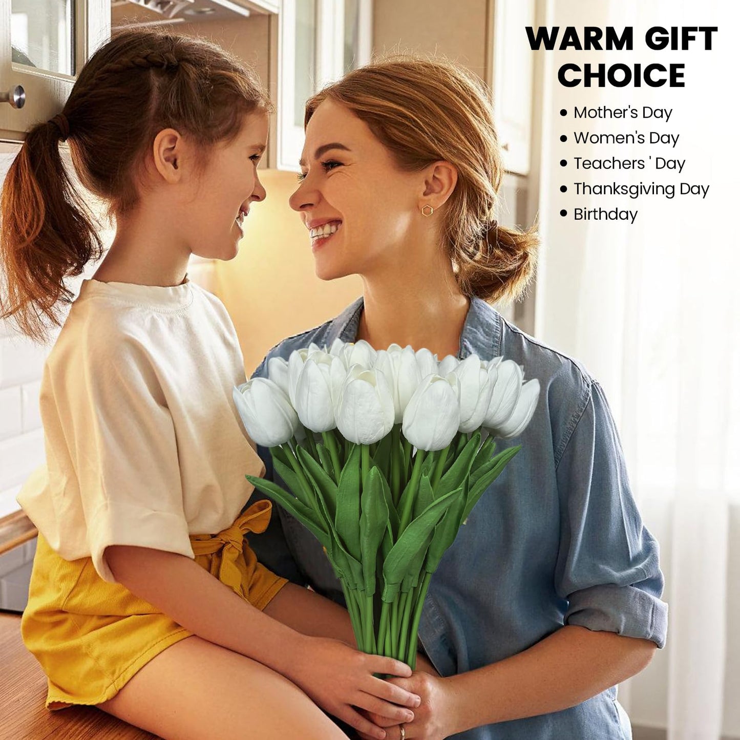 Subacy 30 PCS Artificial Tulips 13.5inch Long Fake Flowers Real Touch Tulips Silk Flowers for Spring Easter Mother's Day Decorations (White)