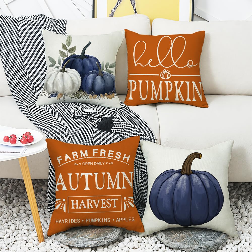 MAZSHTTD Fall Pillow Covers Blue Pumpkin Outdoor Indoor Decorative Throw Pillow Covers 18 x 18 Inch Set of 4 Farmhouse Autumn Cushion Cover Pillow Case for Living Room Bed Room Fall Decor