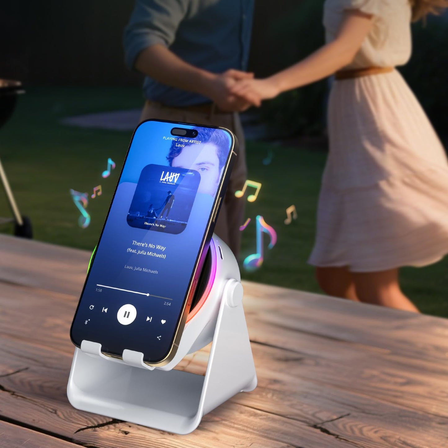 Dohelly Wireless Induction Speaker, Cell Phone Stand with Bluetooth Speaker, Stereo Sound, RGB Ambient Light, Phone Holder Compatible with iPhone/iPad/Android/Samsung Galaxy-White