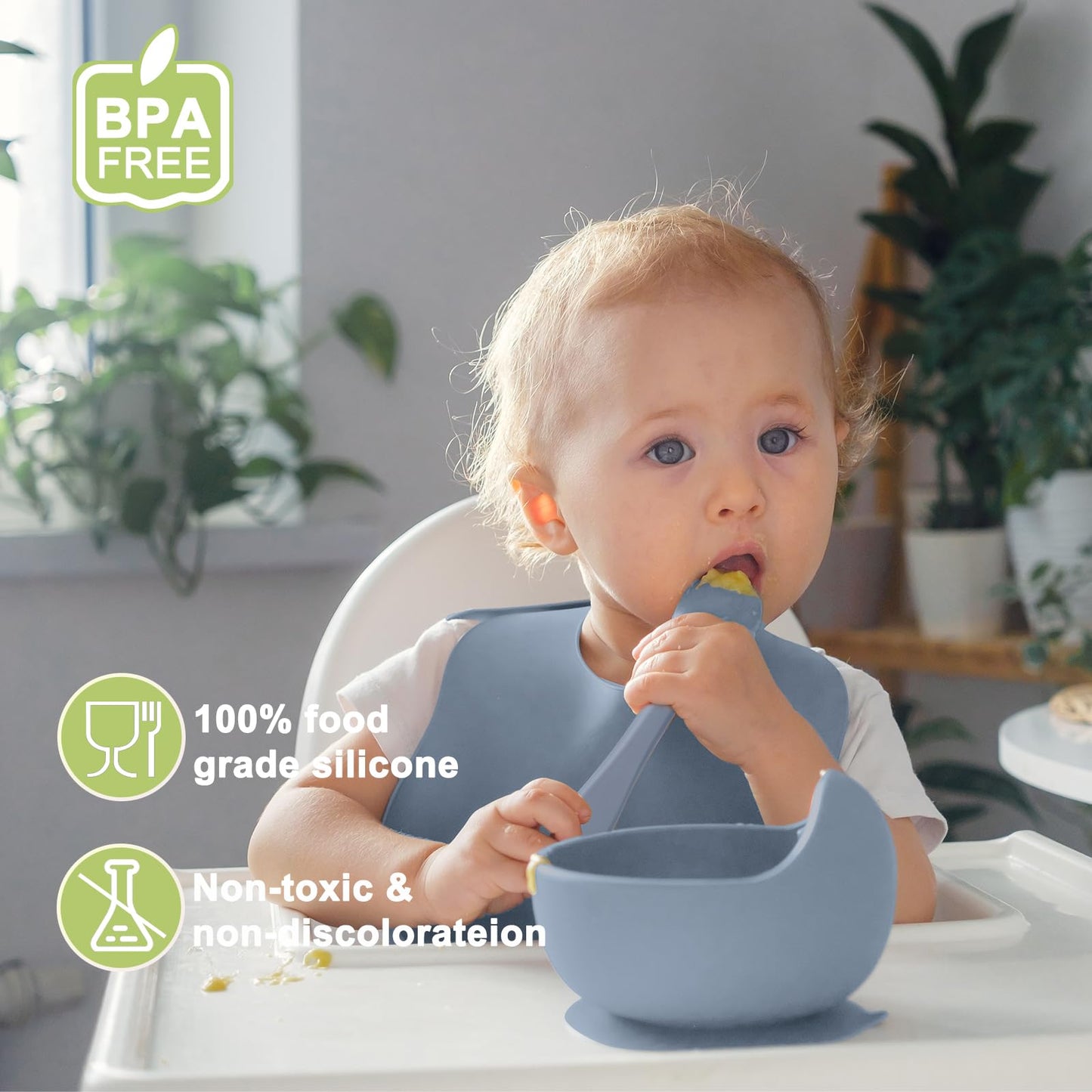 Munlinder Silicone Baby Feeding Set | Baby Led Weaning Supplies Includes Suction Bowls and Divided Plates, Adjustable Bib, Baby Utensils Spoons and Forks,Cup | Baby Feeding Essentials (Blue Gray)