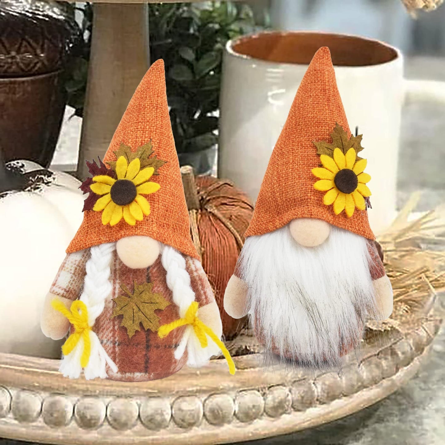 Vytina 2 PCS Autumn Gnomes Fall Decoration Harvest Thanksgiving Handmade Scandinavian Tomte Tiered Tray Decor Maple Leaf Sunflower Gnome Plush Festival Home Decor
