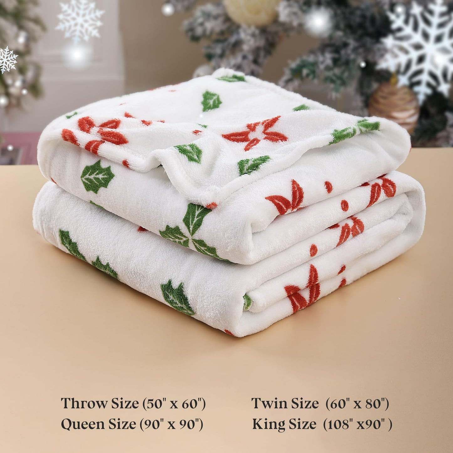 Fleece Print Throw Blanket, Super Soft Plush Cozy Fuzzy Red Floral and Green Leaves Printed Throw Blankets for Couch Sofa Bed, and Home Décor, Microfiber Flannel, All Seasons 50x60 Inches