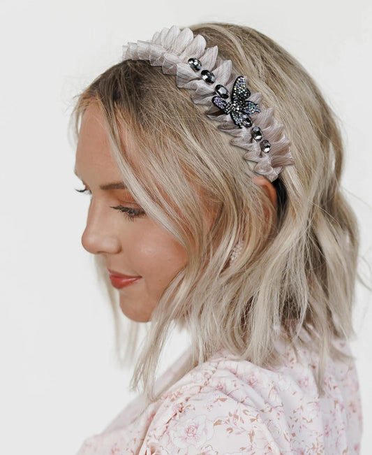Ruffled Headband for Women Non Slip Fashion Flounce Headbands Exquisite Pleated Rhinestone Hairband Butterfly Lace Mesh Hair Accessories