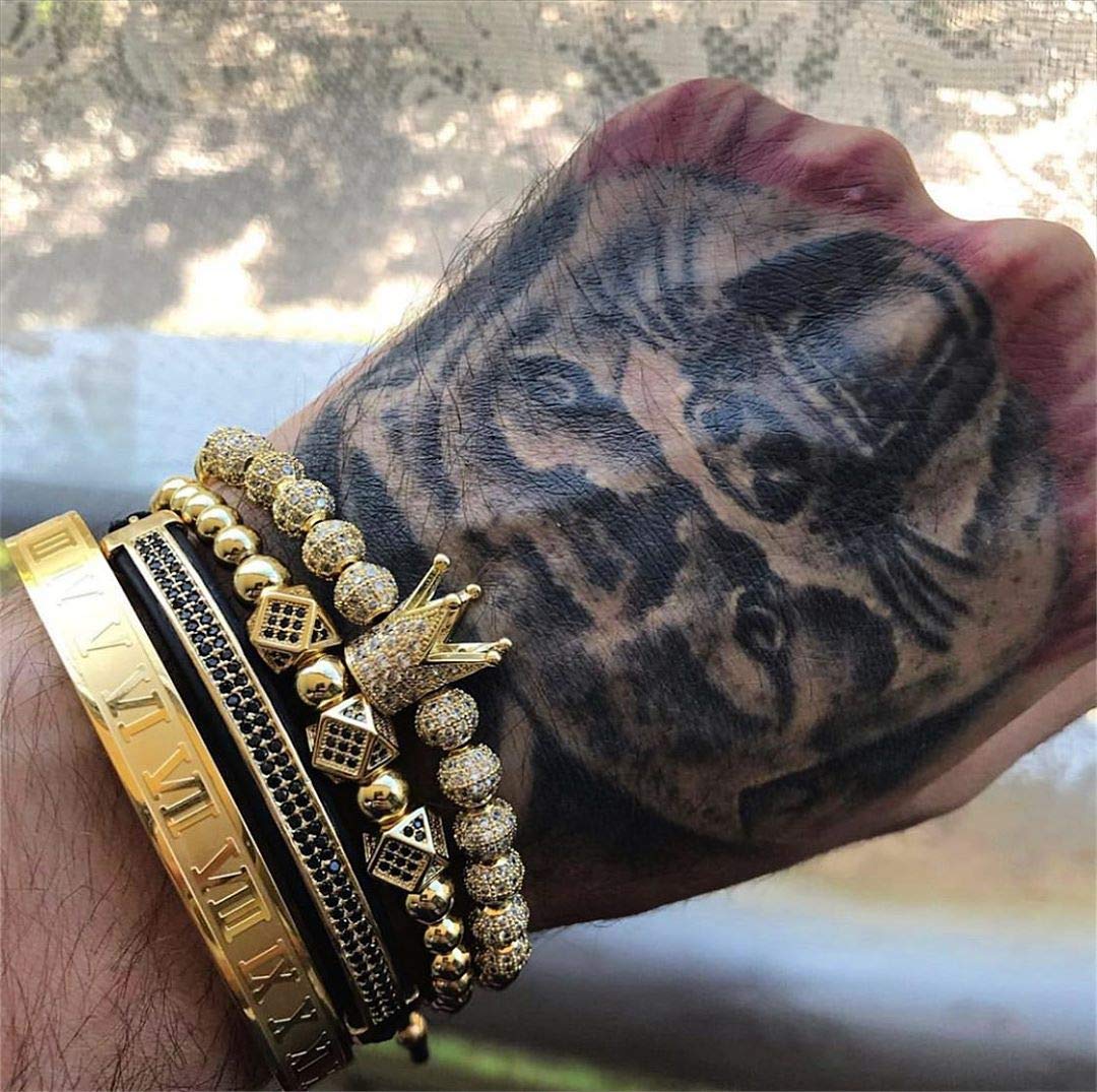 WFYOU Imperial Crown Bracelet for Men & Women, 18kt Gold Bangle, Cubic Zirconia Beads, Cross Charm, Luxury Gift (Gold-Large)