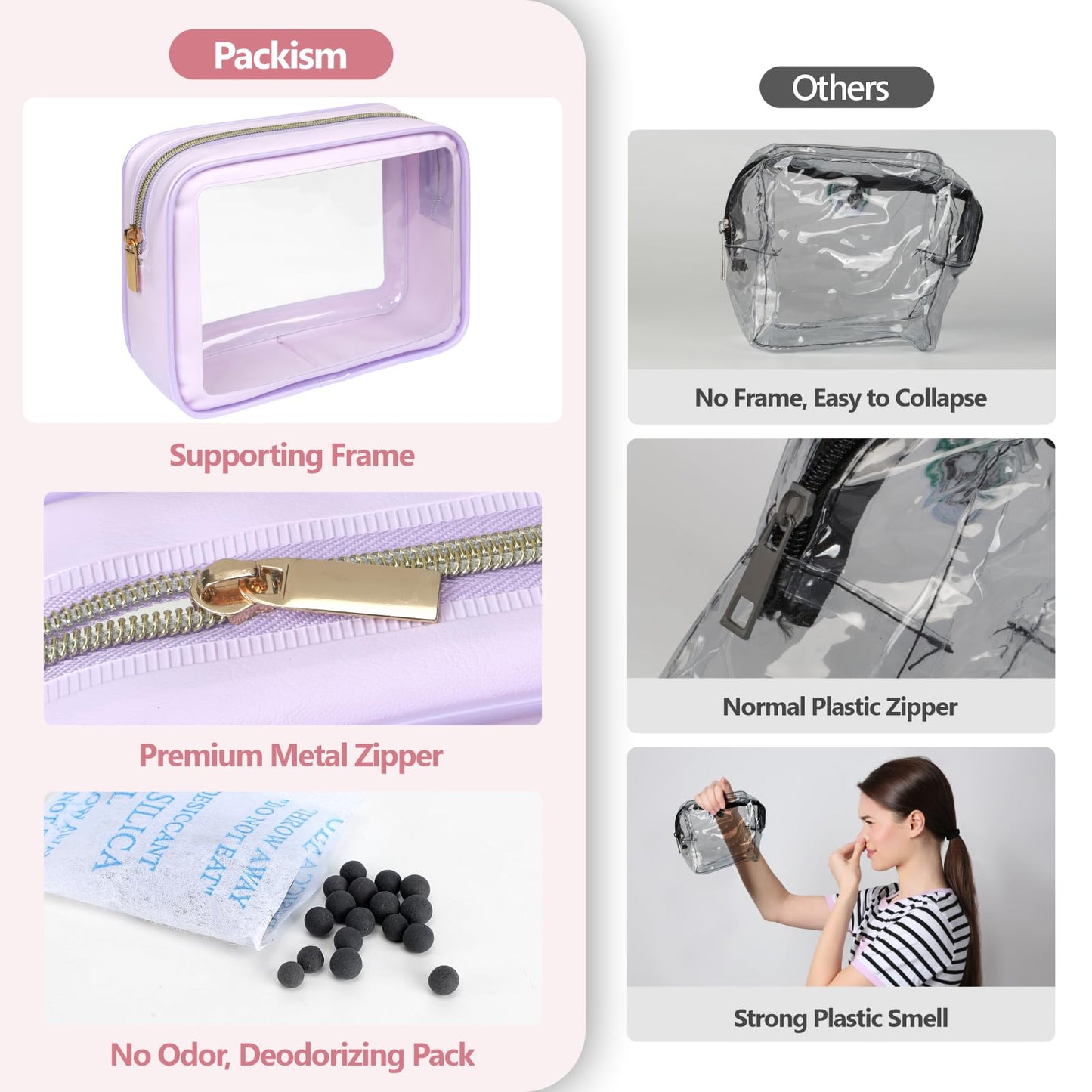 PACKISM TSA Approved Toiletry Bag - Upgrade Color-Edged Clear Makeup Bag, Unique Appearance, 2 Pack Hold Lots of Items, Reusable Clear Toiletry Bags for Travel Essentials, Purple (2 Sizes)