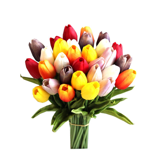 Mandy's Artificial Tulips 28 Stems Multicolor PU Faux Flowers for Wedding Home Decor 13.5 Inch