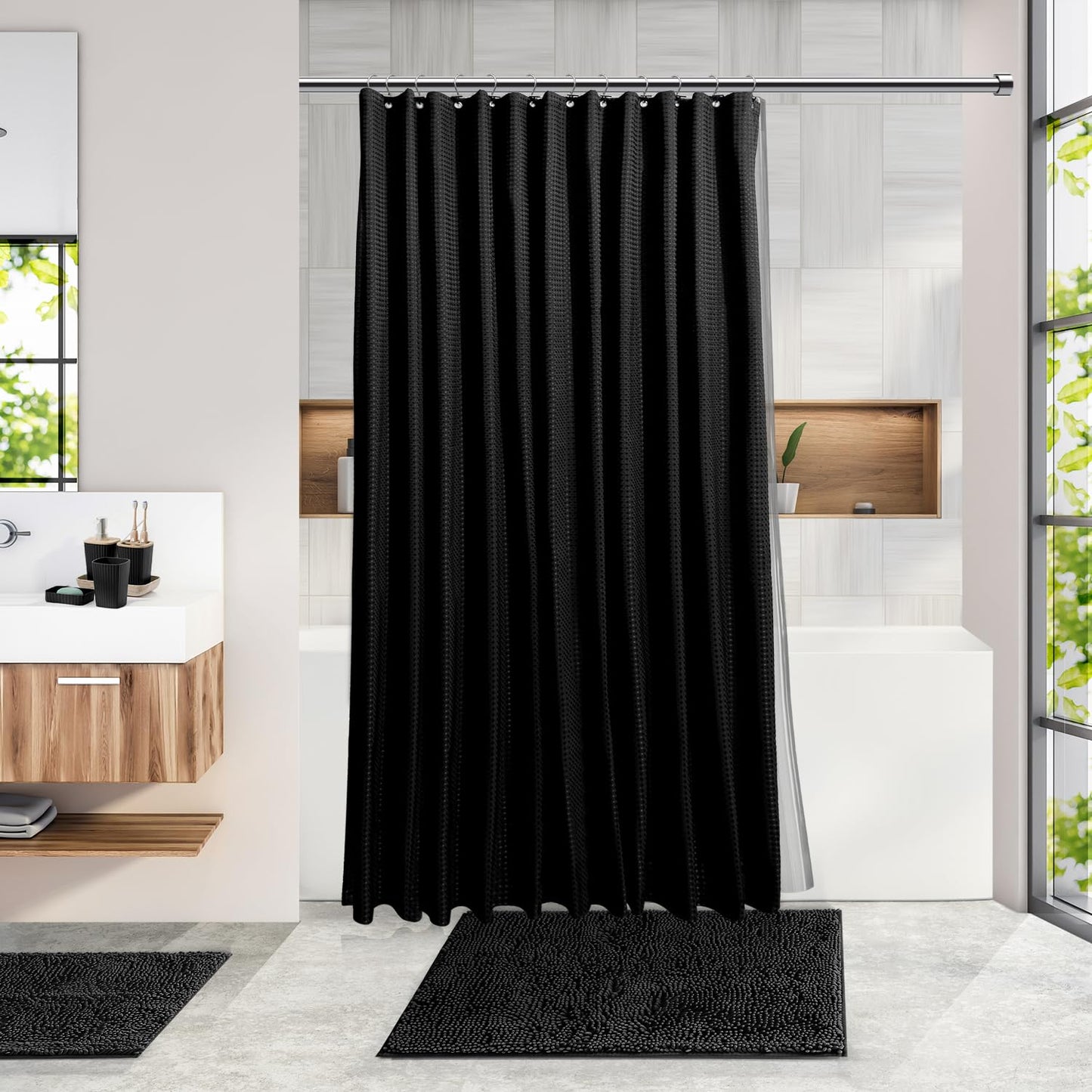 Clara Clark Bathroom Accessories Set - Bathroom Set, 20PC Bathroom Accessory Set, Black Shower Curtain Set, Toilet Brush, Trash Can & Soap Dispenser