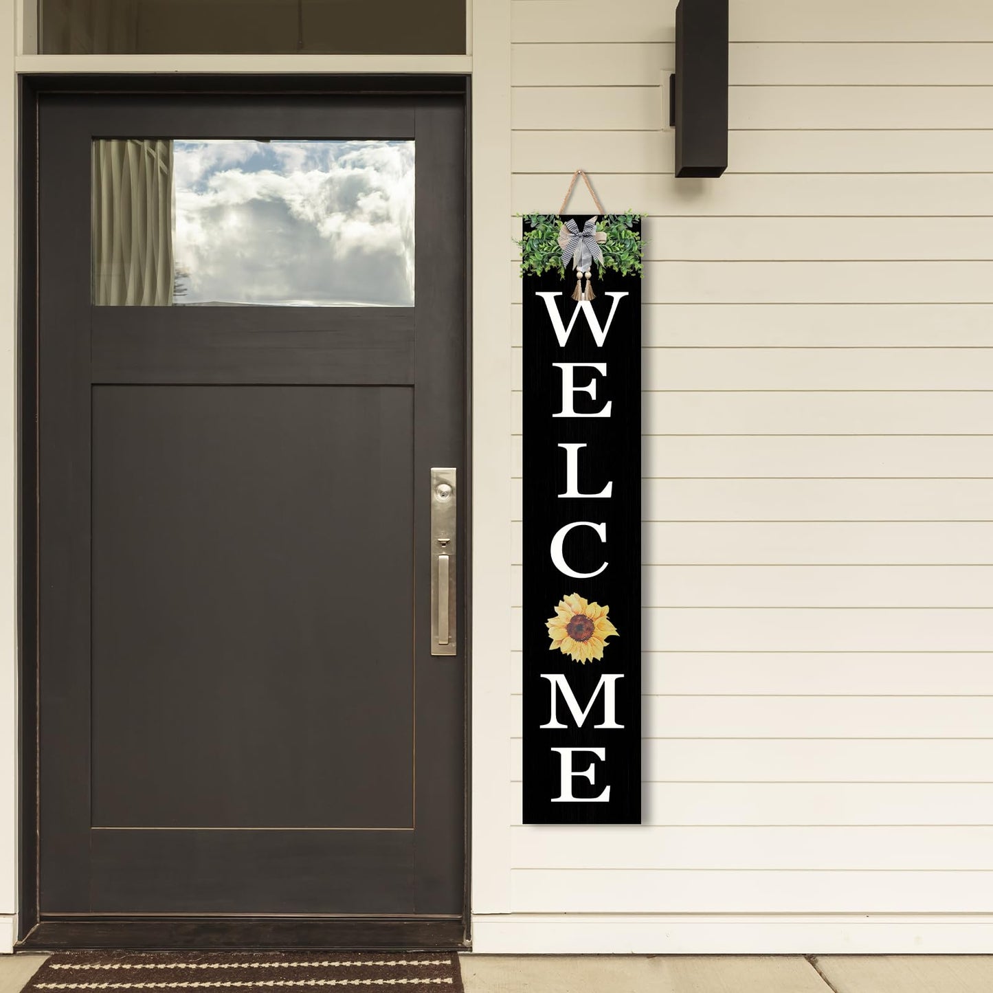 Interchangeable Welcome Sign for Front Porch Standing 47"X8" Outdoor Large Wood Frame with 12 Pcs Designed Icons Leaner Vertical Tall Outside Welcome Sign for Front Door Decor (Black)