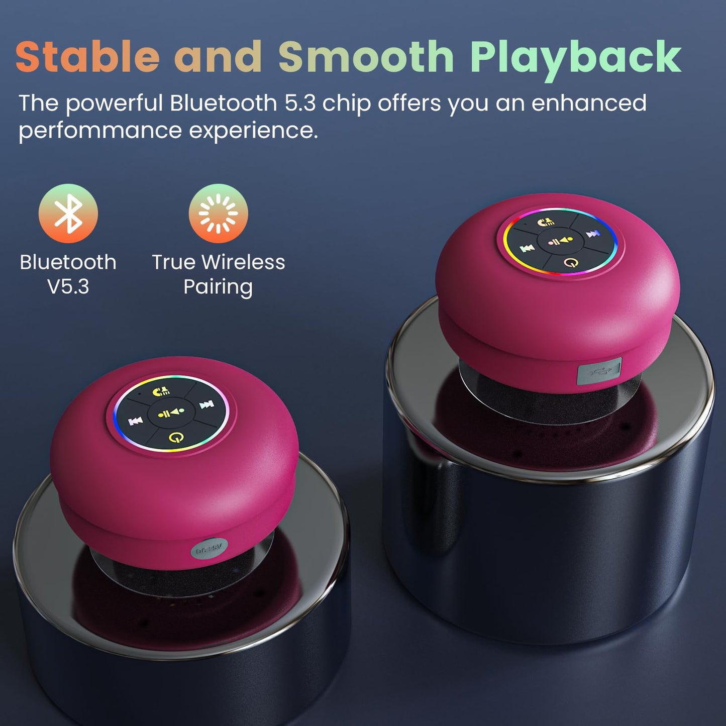 FKLBBLPM Large Suction Cup Waterproof Bluetooth Speaker LED Light Light Waterproof Bathroom Bluetooth Speaker (Pink)