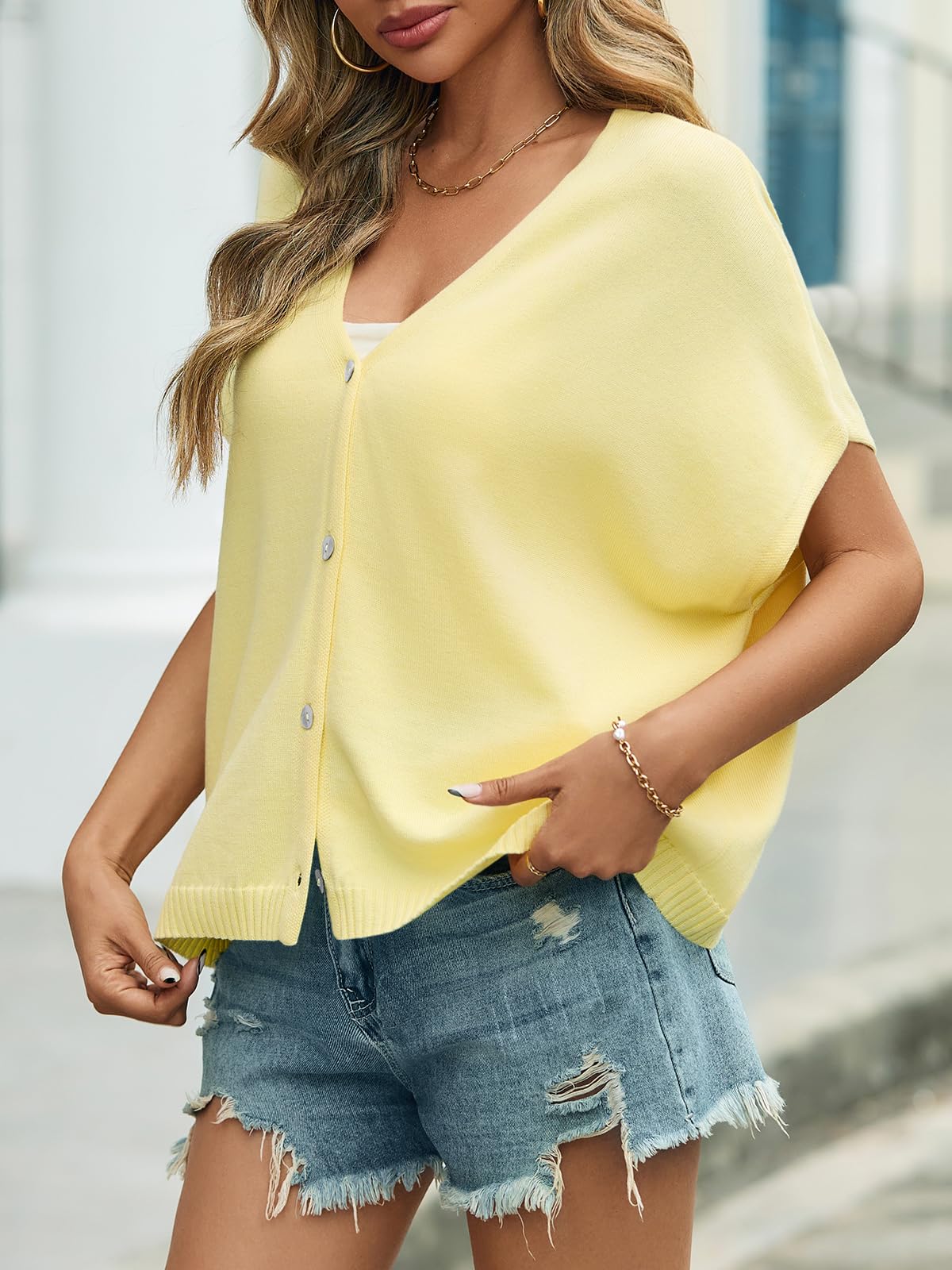 Saodimallsu Womens Summer Oversized Cardigans Batwing Short Sleeve Lightweight Button V Neck Casual Knit Sweater Tops Yellow