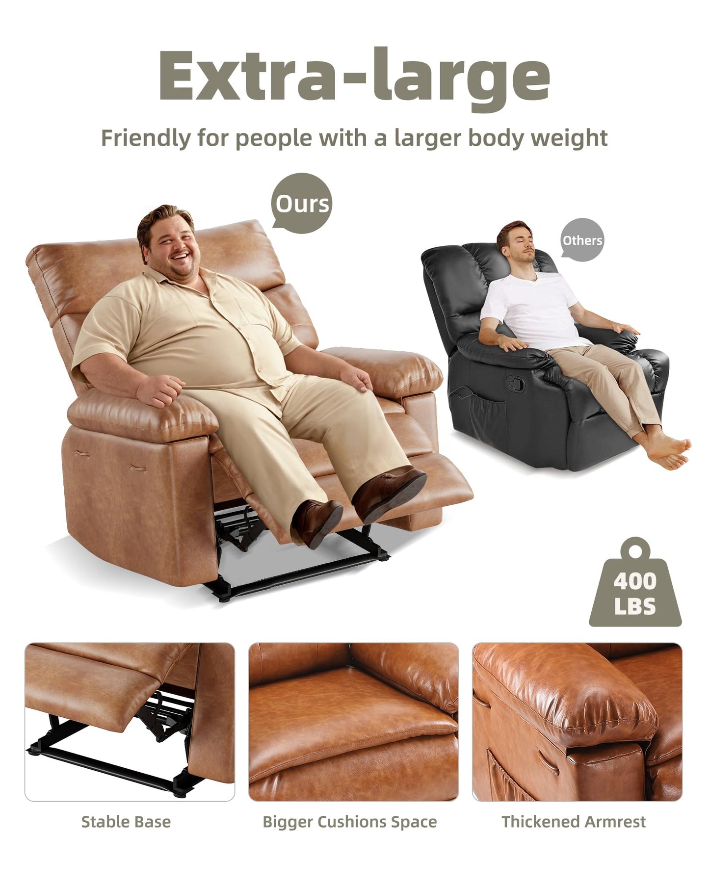 GarveeHome Oversized Recliner Chair - Faux PU Leather Manual Recliner for Adults, Lazy Chair with 1.5X Sponge Comfort Arm and Back for Living Room, Bedroom