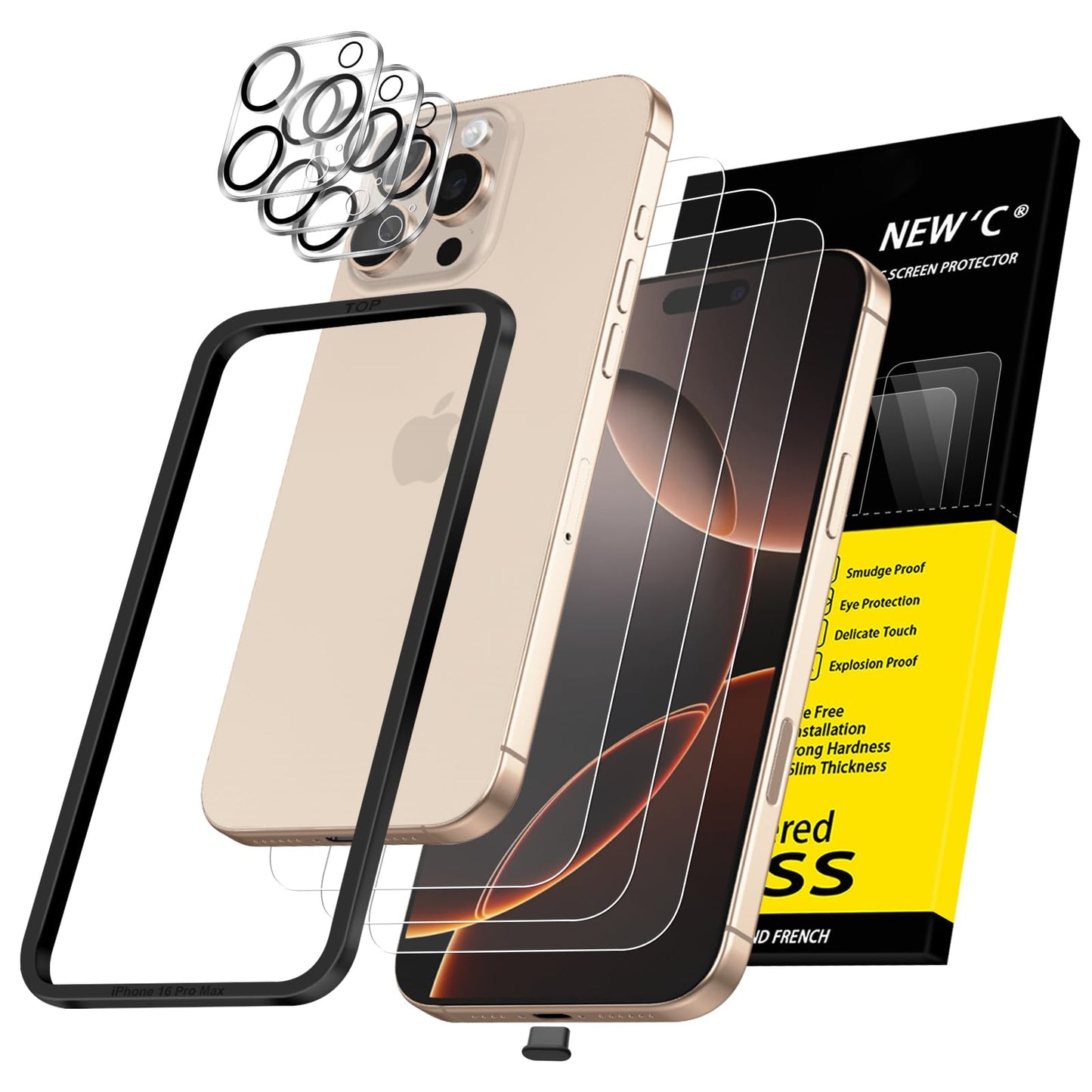 NEW'C 3x for iPhone 16 Pro Max Screen Protector (6.9 inches)+ 3x Camera Lens Protector, Sensor Protection, Case Friendly Tempered Glass Film + Dust Plug- Easy installation tool include