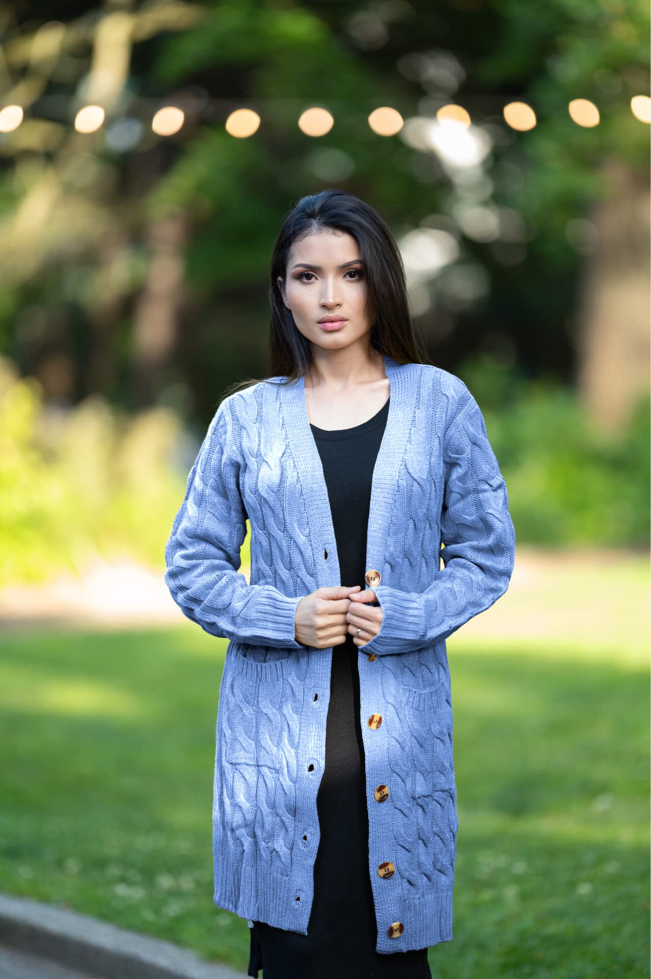 PRETTYGARDEN Long Sleeve Cable Knit Long Cardigan for Women 2025 Fall Winter Chunky Open Front Button Sweaters with Pockets (Sky Blue, X-Large)