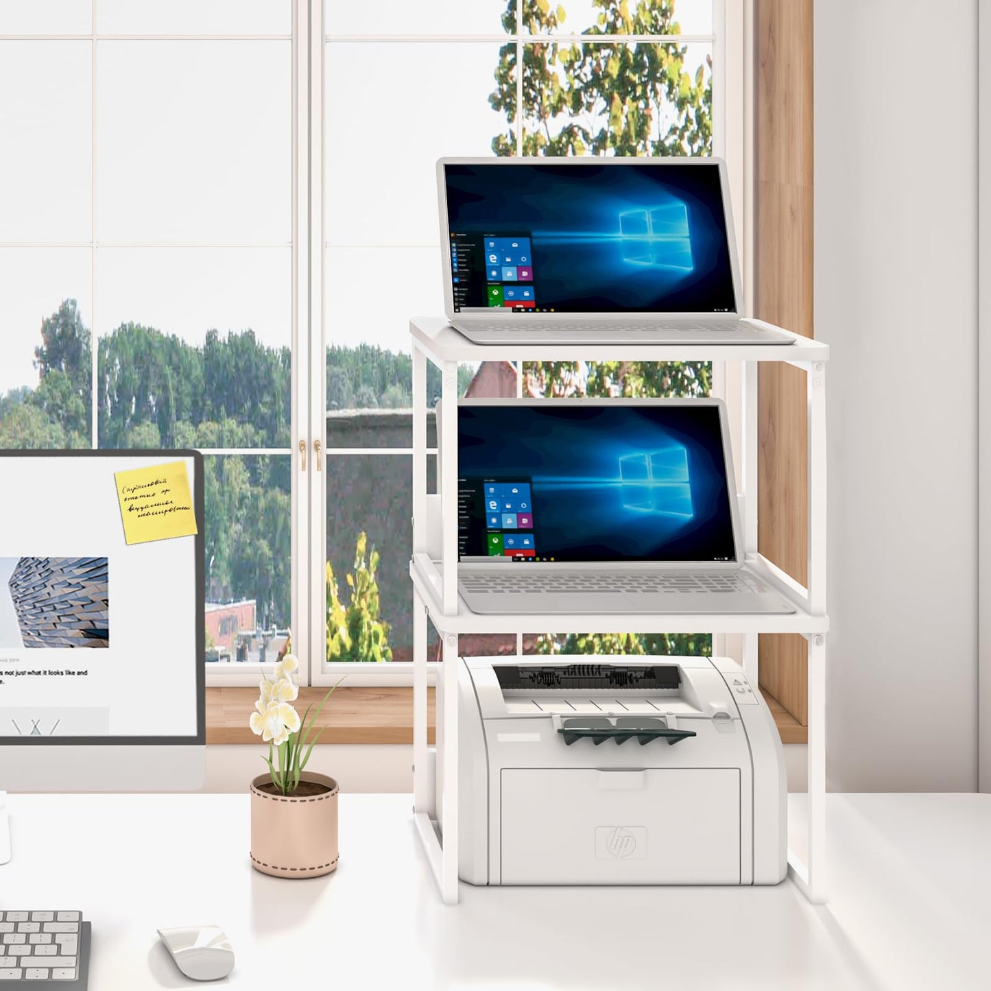 MARTY Desktop Printer Stand 2 Pack Printer Stand with Storage for Desk, Shelf Organzier for Home/Office Printer Riser Under Desk Small Table for Printer Fax Machine Scanner(White)