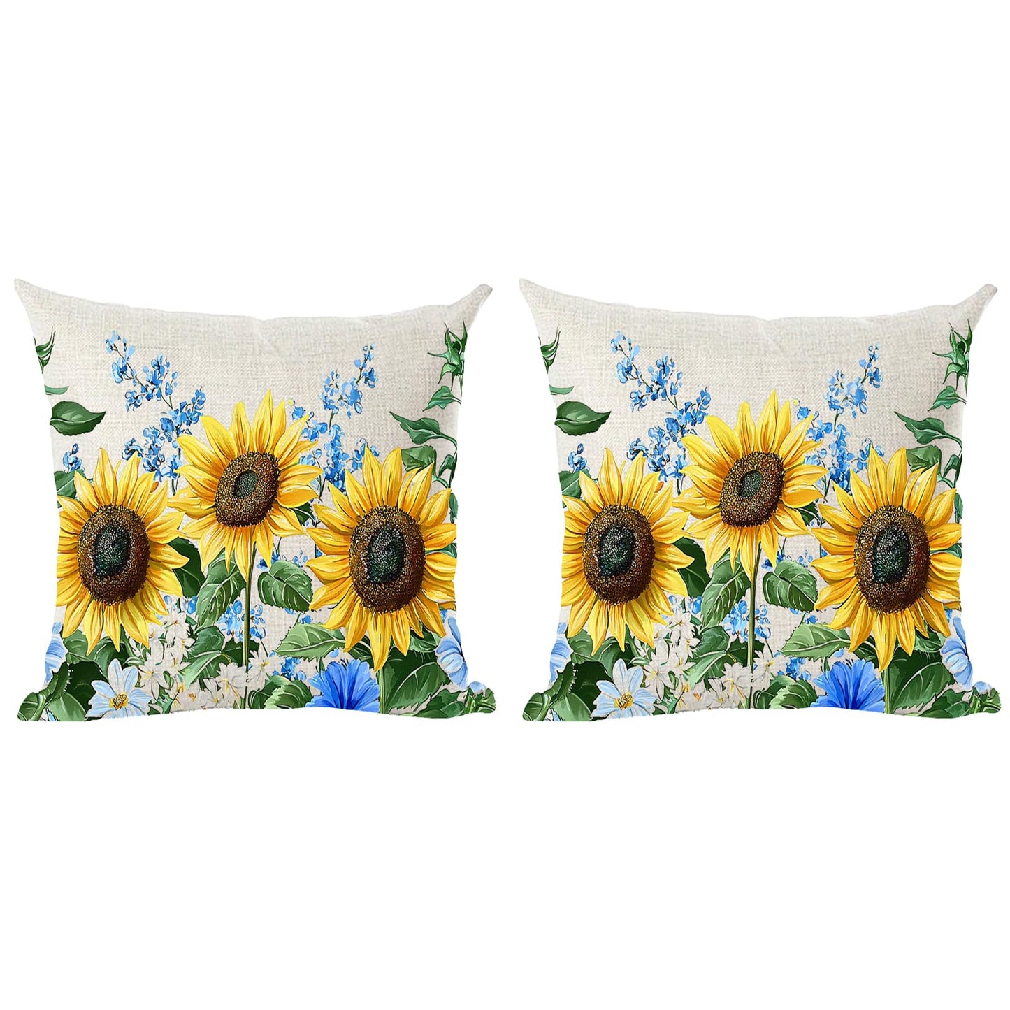 Ramirar Set of 2 Ink Painting Watercolor Yellow Sunflowers Blue Flowers Summer Decorative Throw Pillow Cover Case Home Living Room Bed Sofa Car Cotton Linen Square 18 x 18 Inches