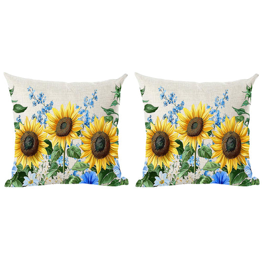 Ramirar Set of 2 Ink Painting Watercolor Yellow Sunflowers Blue Flowers Summer Decorative Throw Pillow Cover Case Home Living Room Bed Sofa Car Cotton Linen Square 18 x 18 Inches