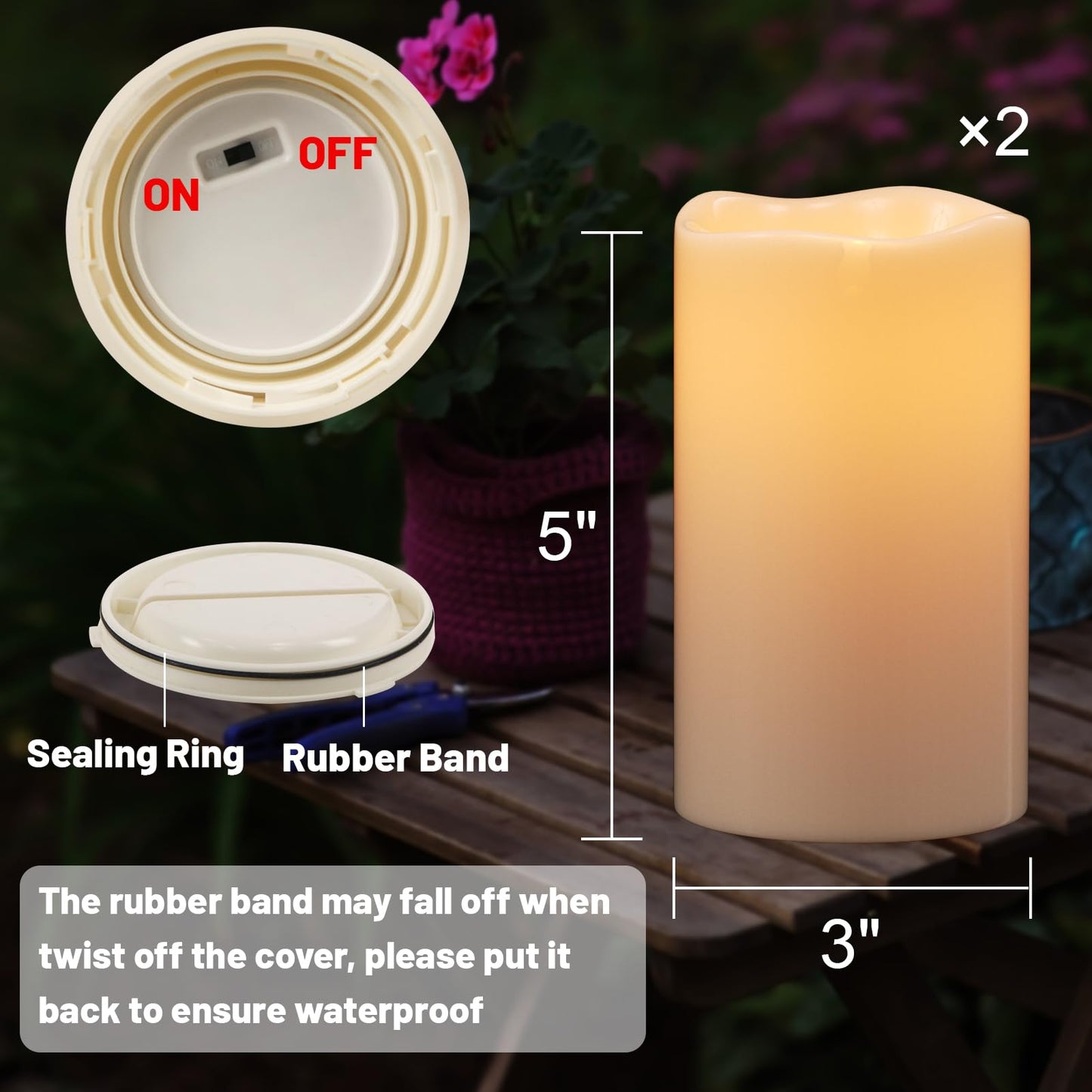 DRomance Solar Flameless Pillar Candles Outdoor Waterproof Dusk to Dawn Solar Rechargeable Battery LED Flickering Fake Candles White Plastic Patio Porch Garden Lantern Decor(2 Pack, 3" D x 5" H)